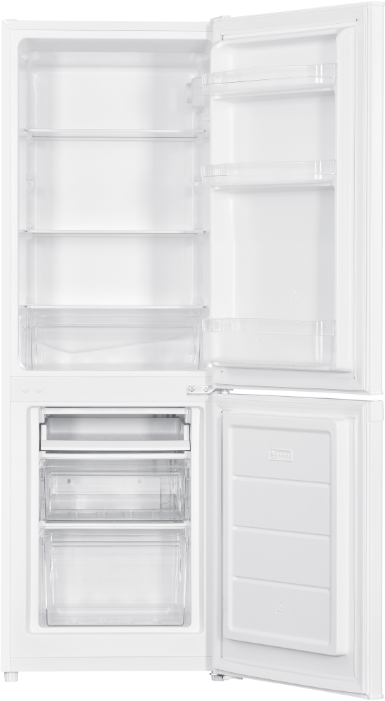 Open white refrigerator with shelves and drawers, full of space.