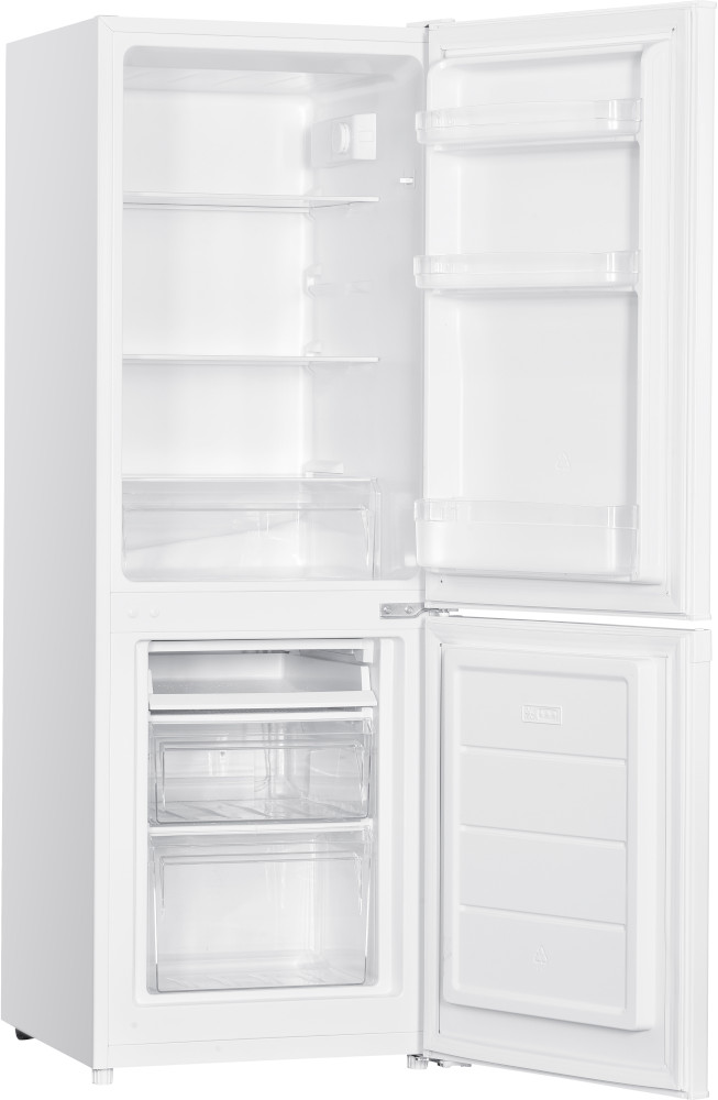 White refrigerator interior with open doors, showcasing shelves, drawers, and clear storage bins.