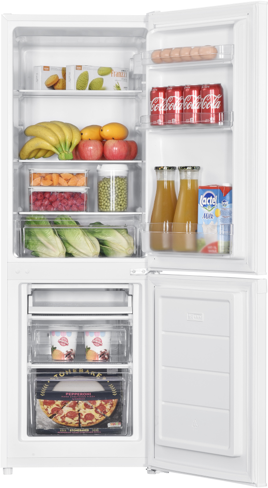 A refrigerator with its doors open. Food items like fruit, drinks, and pizza are visible inside.