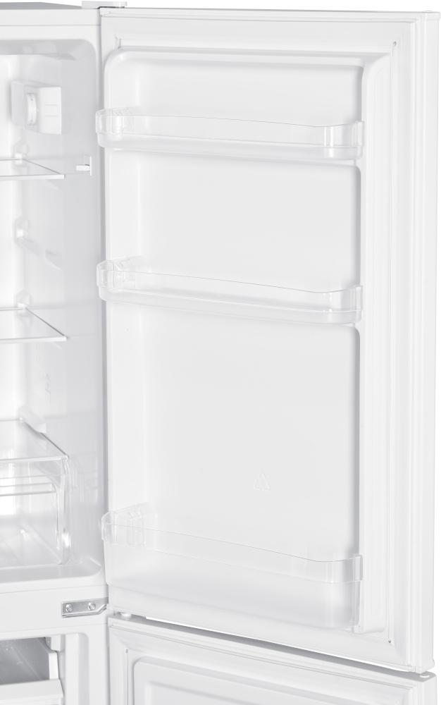 White refrigerator door open, showing shelves and interior.