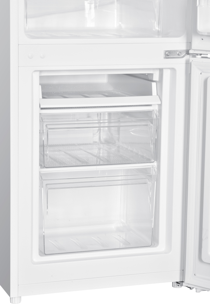 A white refrigerator with the door open. Shows drawers and shelves in the freezer compartment.