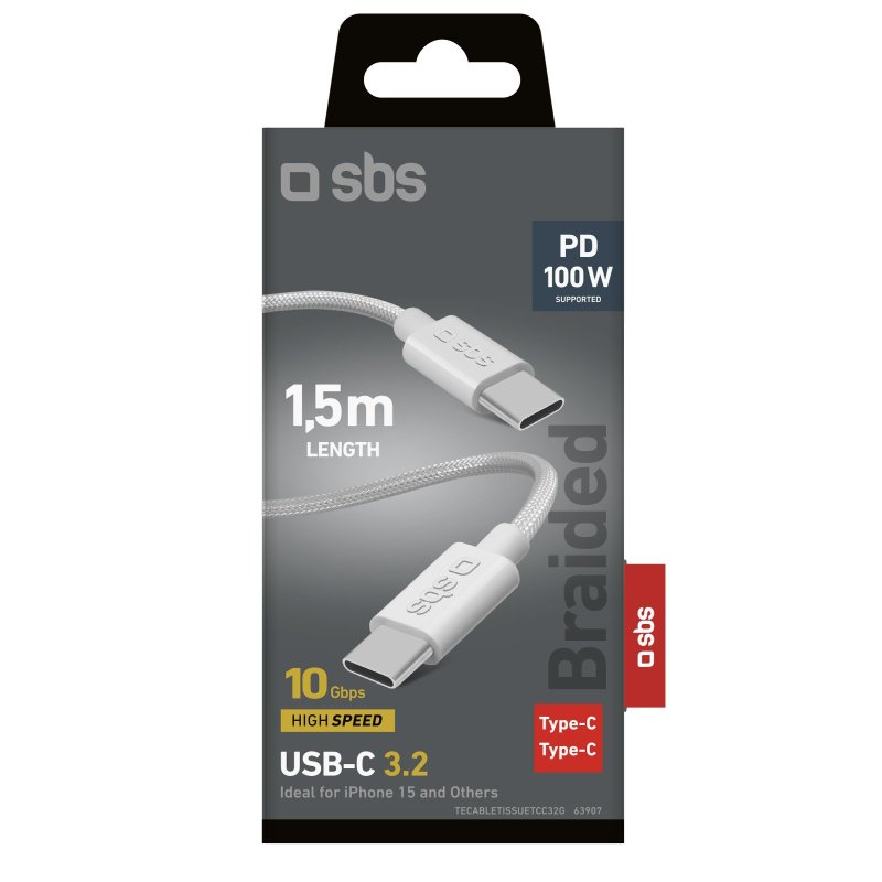 Weißes USB-C 3.2 Kabel, 1,5 m lang, verpackt in einer Box mit Branding und Spezifikationen.