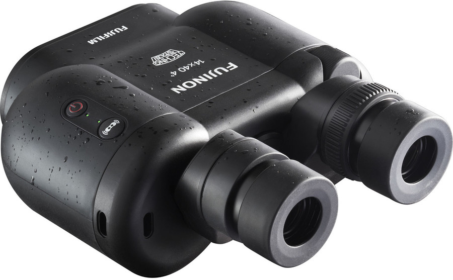 Czarna lornetka Fujifilm, z oznaczeniami Fujifilm i 14x40 4°, na białym tle.