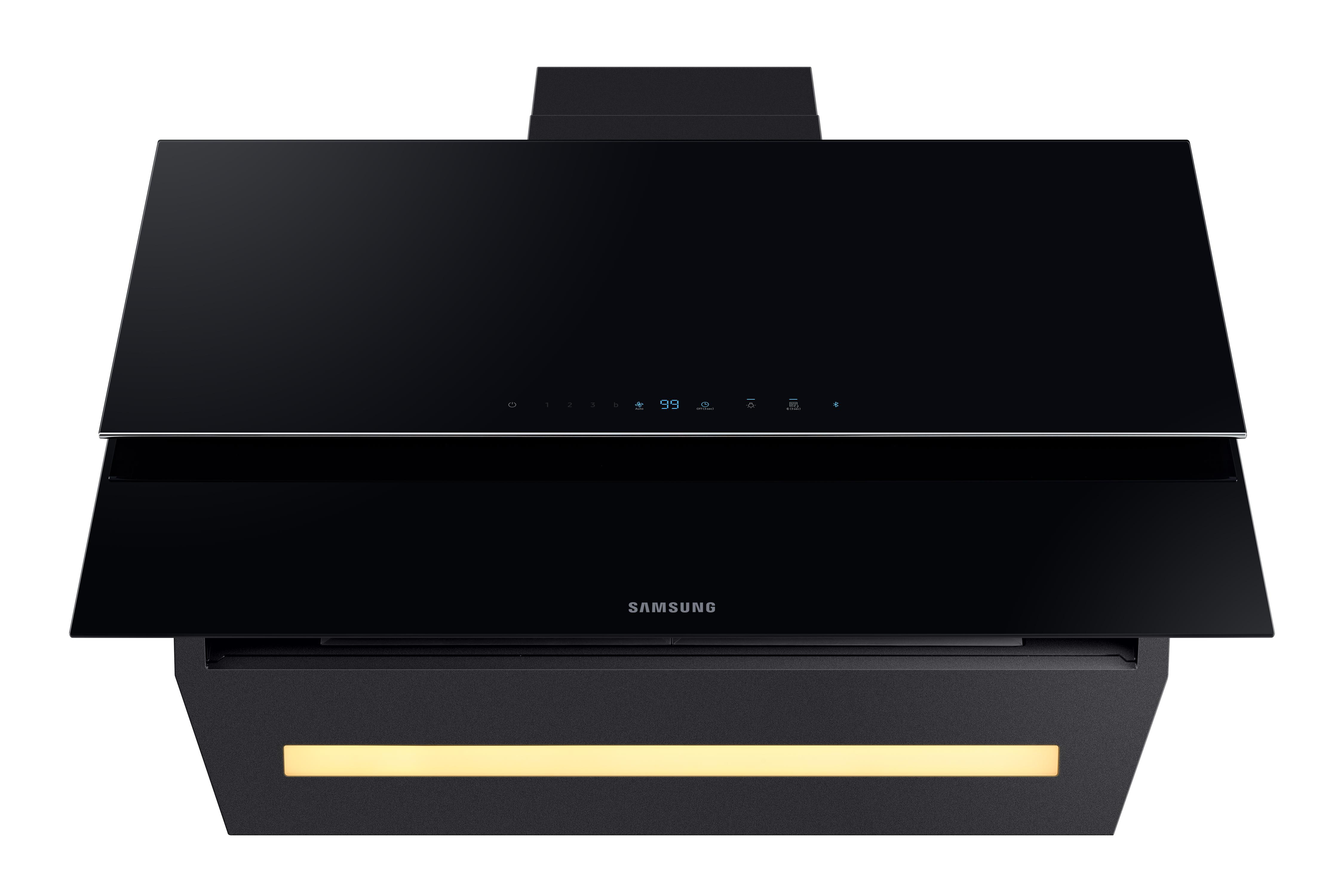 Eine schwarze Samsung Dunstabzugshaube mit einer schwarzen Glasscheibe.