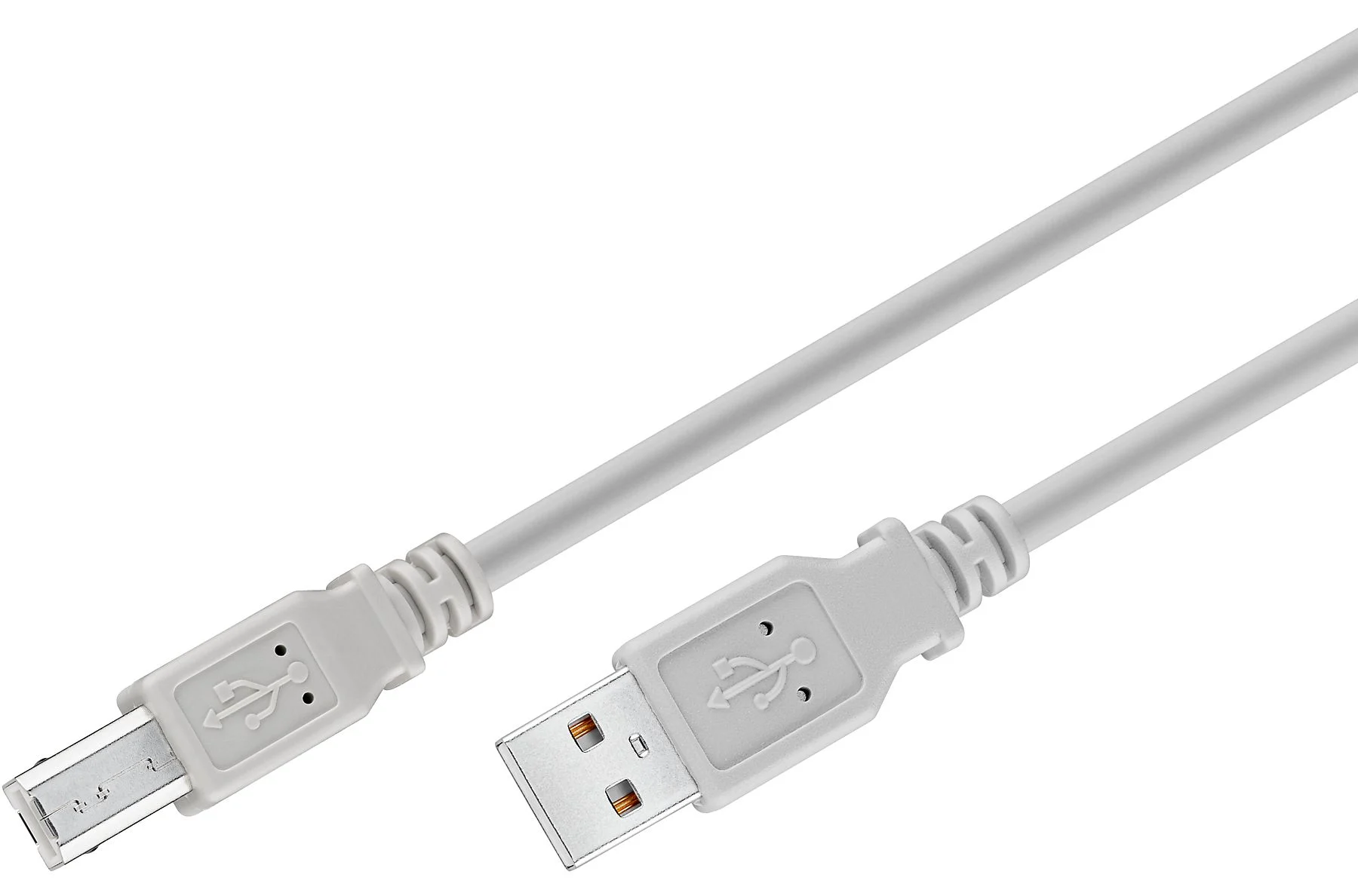 Fehér USB kábel USB-A és USB-B csatlakozókkal. A csatlakozók szürkék.