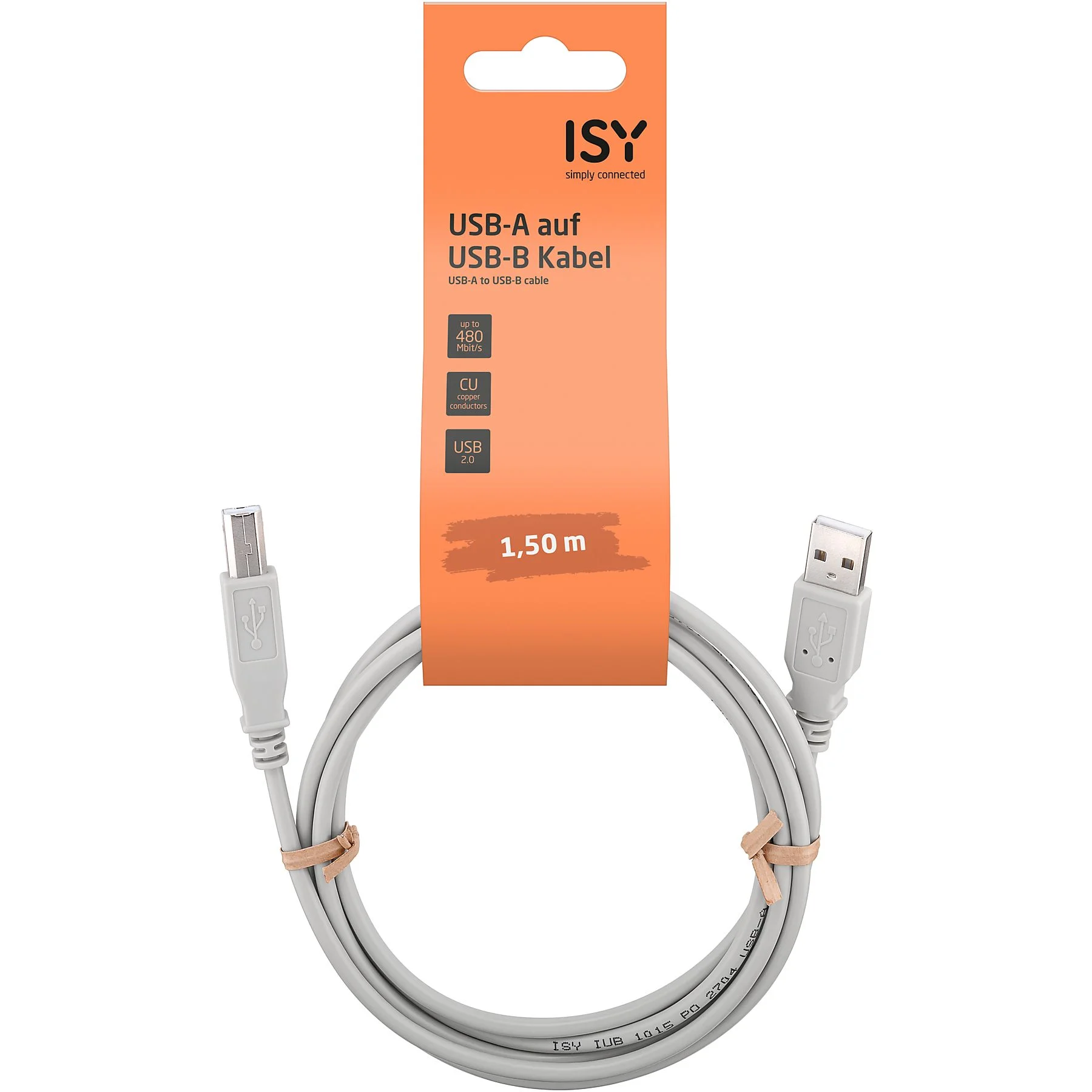 Fehér USB-A-USB-B kábel, csomagolásban. Narancssárga címke 'USB-A auf USB-B Kabel' felirattal.