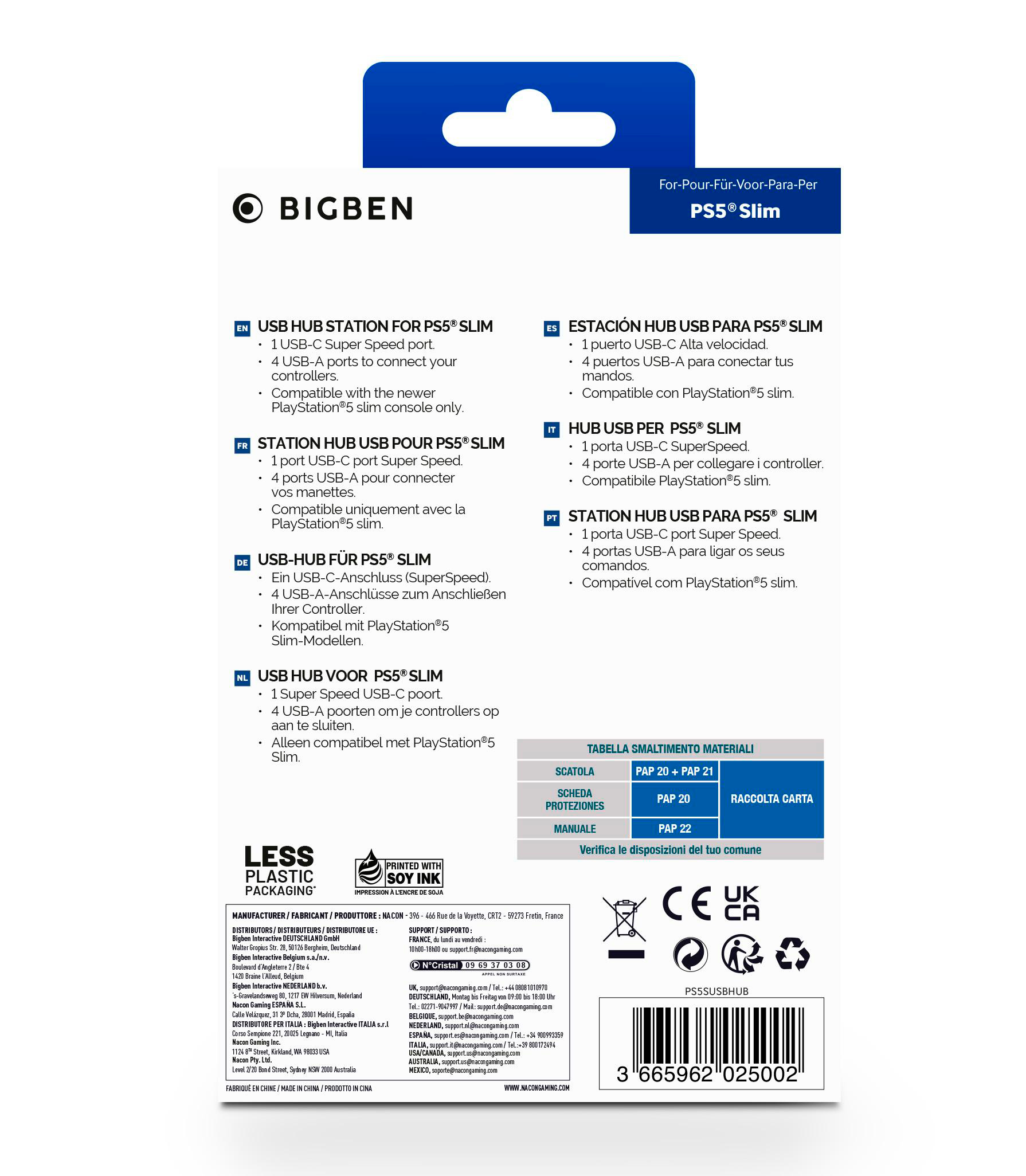 Rückseite einer USB-Hub-Verpackung mit Produktinformationen und Spezifikationen.
