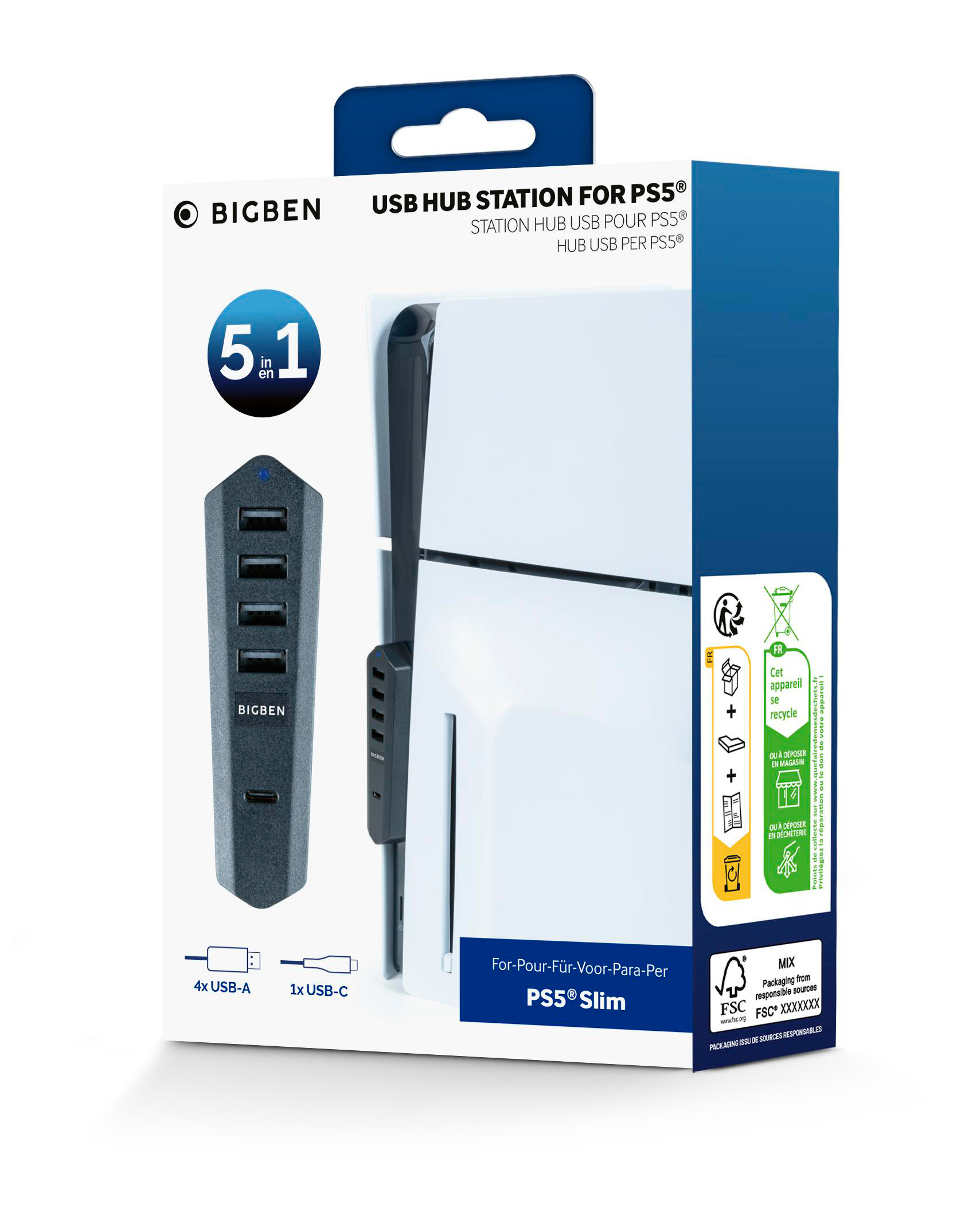 Verpackung für eine Bigben USB-Hub-Station für PS5, mit Produktbild.