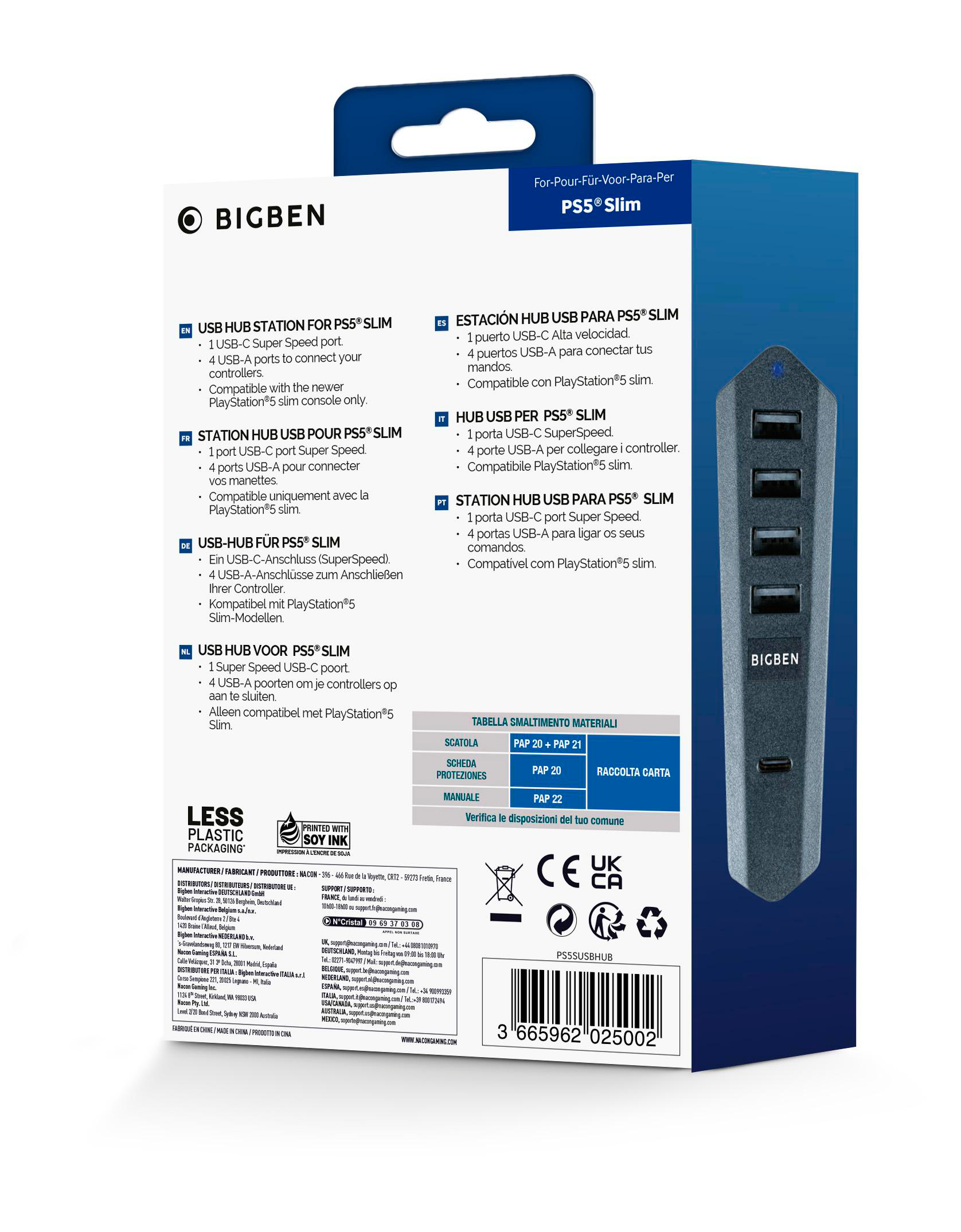 Ein Bigben USB-Hub für PS5 Slim, mit Anschlüssen und Verpackung.