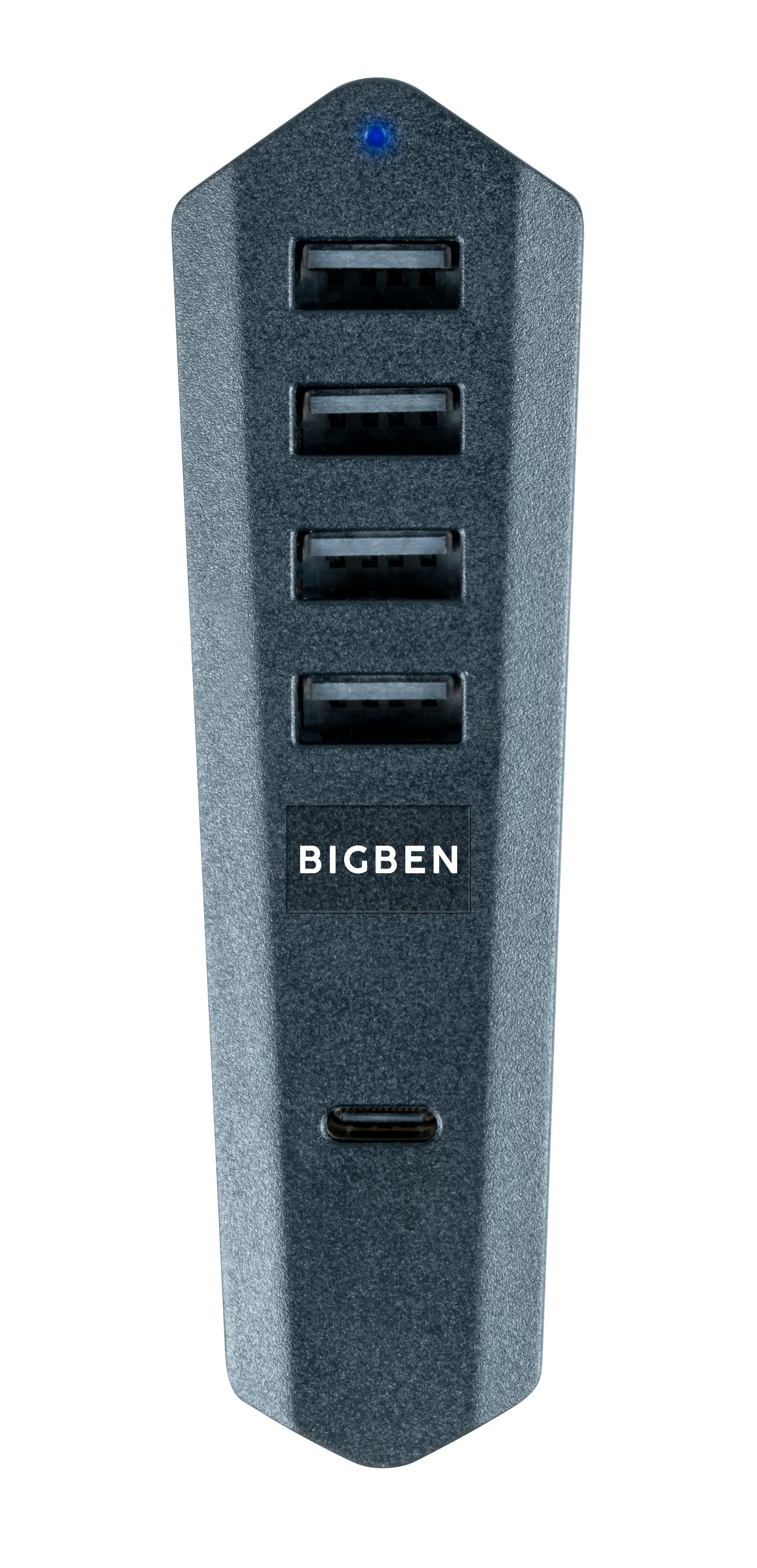 Dunkelgrauer USB-Hub mit fünf Anschlüssen und dem Wort "BIGBEN" darauf, weißer Hintergrund.