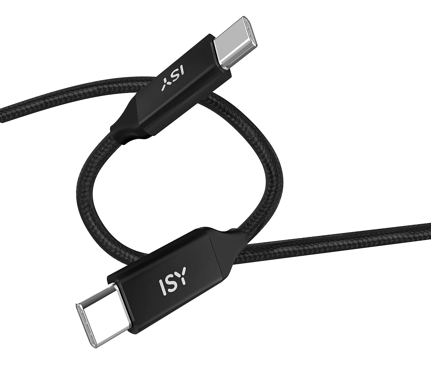 Fekete USB-C kábel. Két fekete csatlakozó ISY logóval.