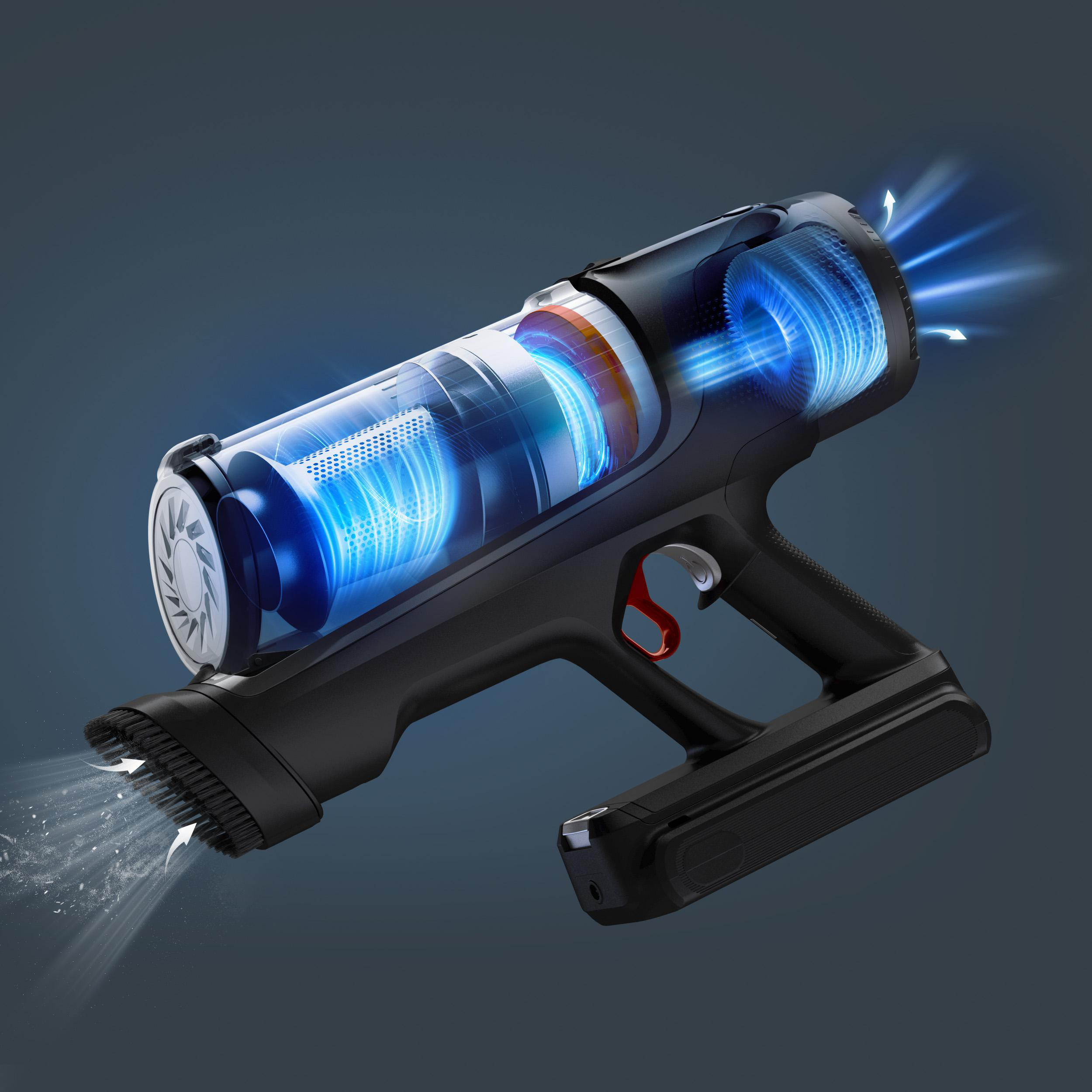 Schnittansicht eines schwarzen Staubsaugers, die die inneren Komponenten zeigt. Blaue Lichter scheinen hindurch.