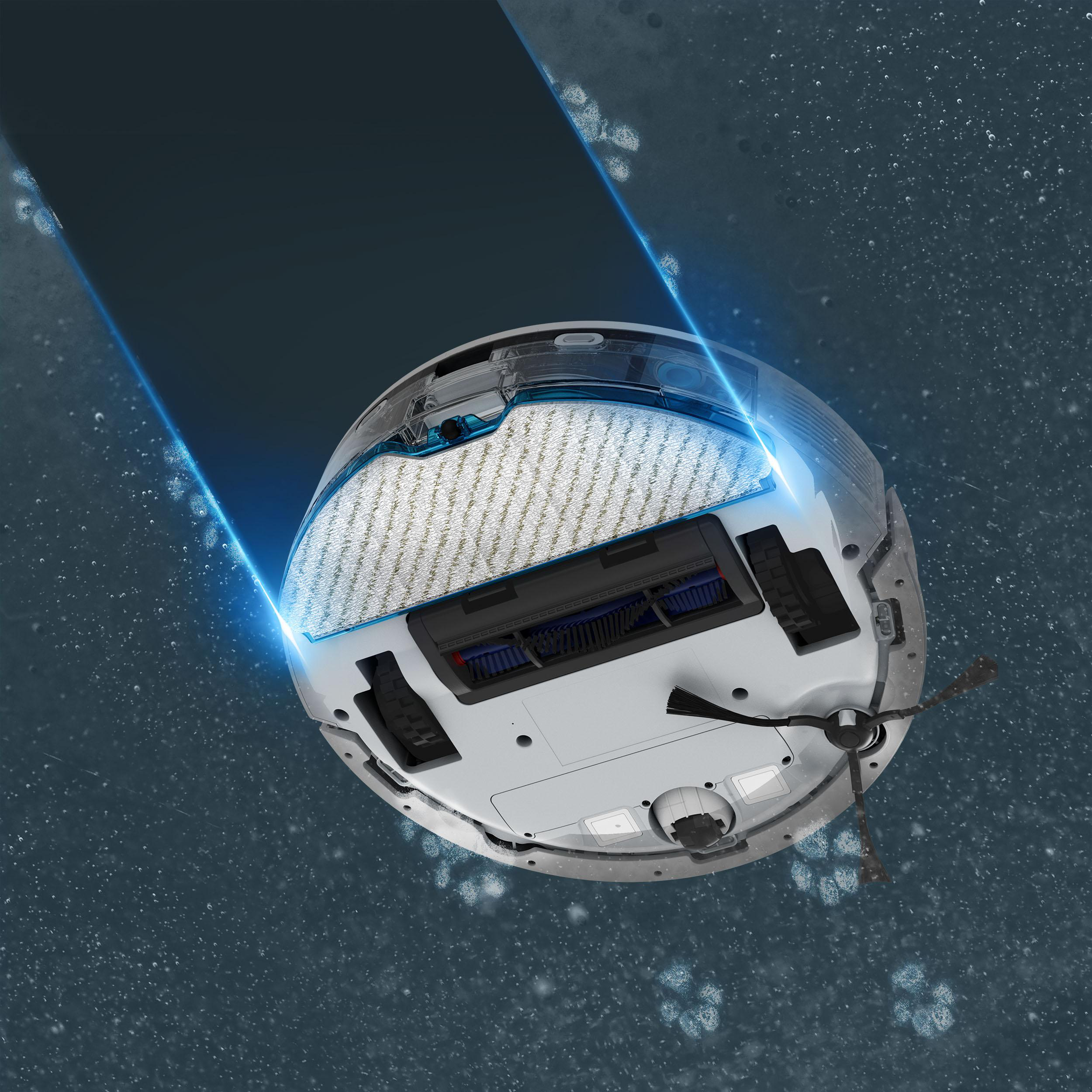 Roboter-Staubsauger reinigt den Boden. Blaue Lichtspuren, Wassertropfen und weißer Boden. Zeigt das Produkt in Aktion.