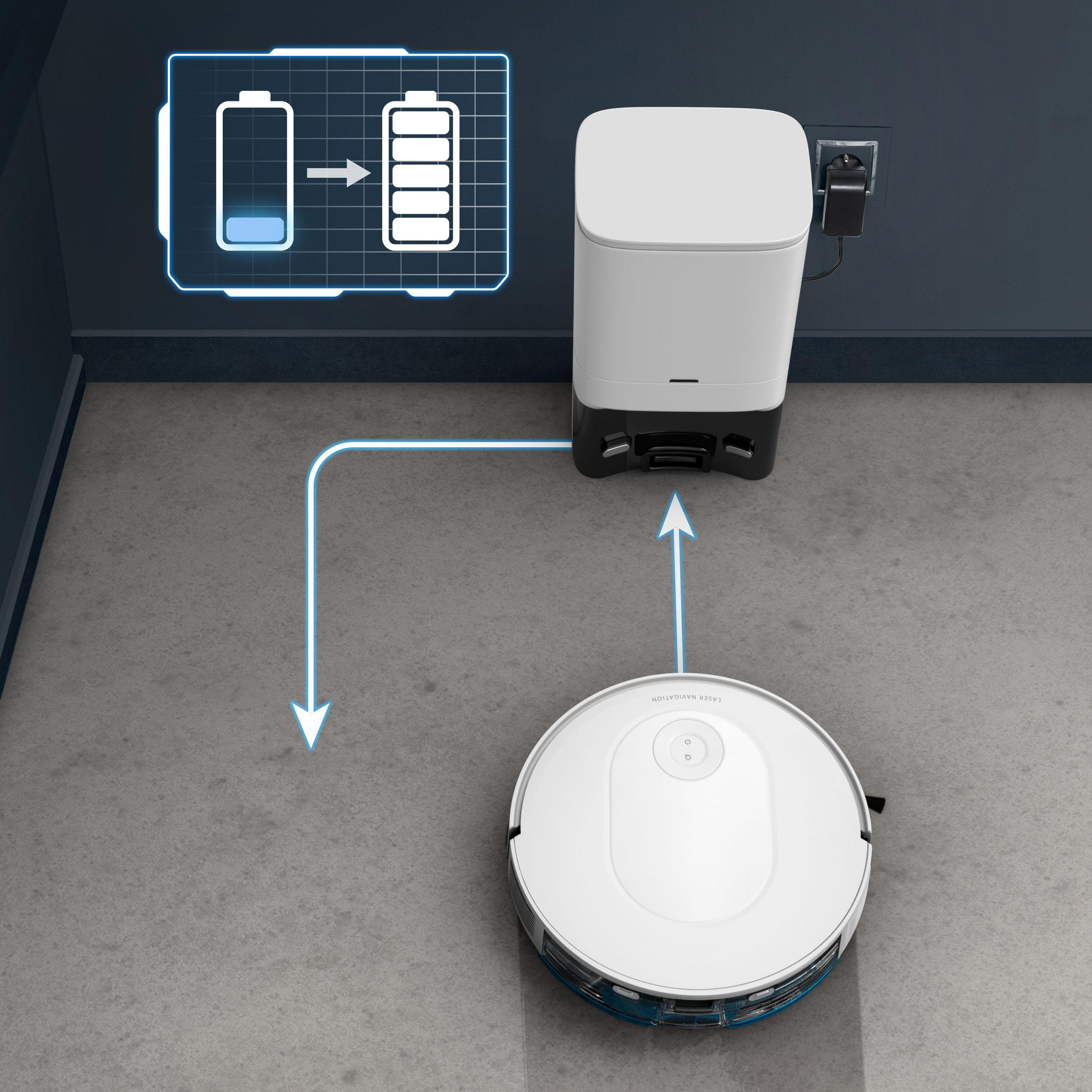 Roboter-Staubsauger lädt. Weißer Roboter und Ladestation. Akku-Symbol zeigt Ladevorgang.