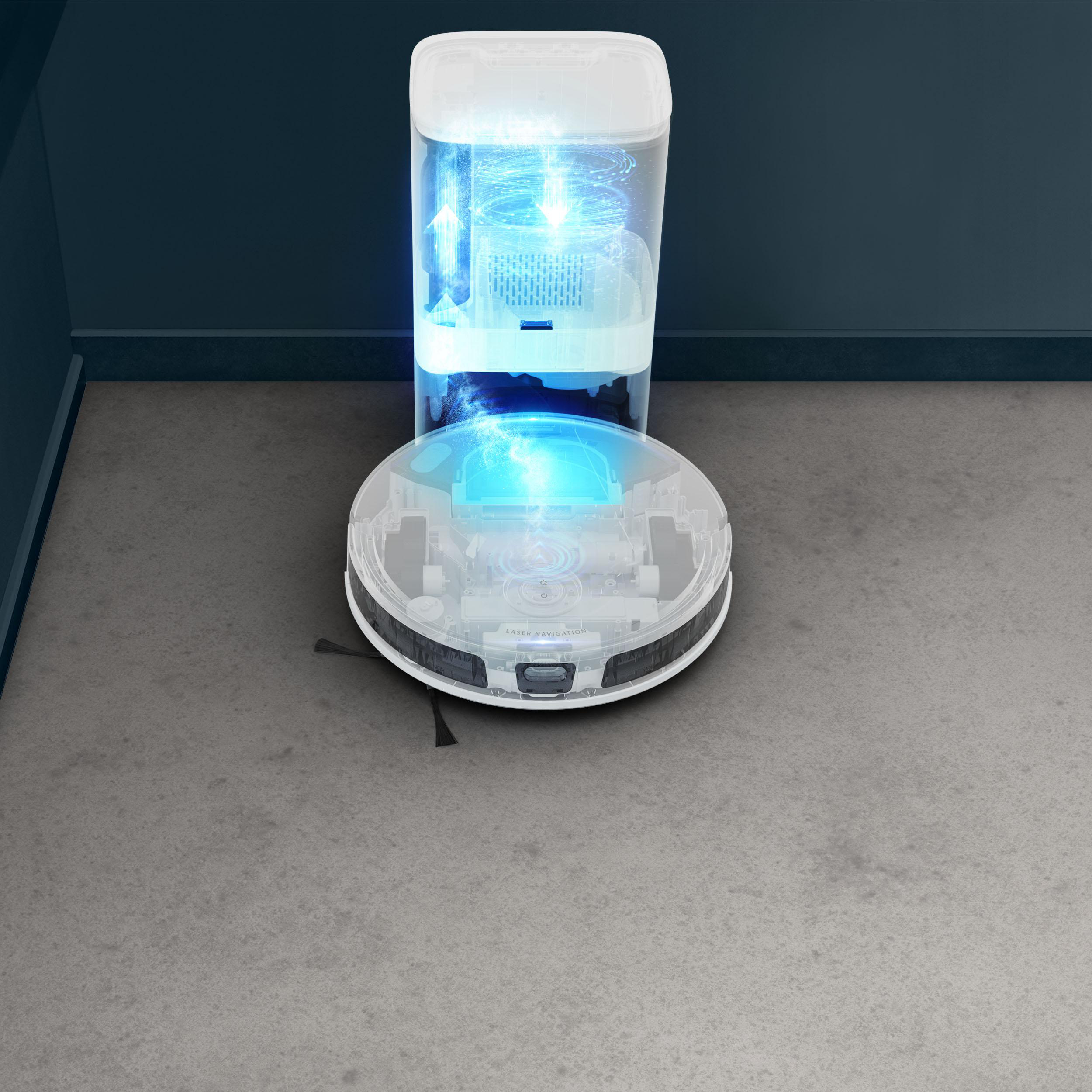 Roboter-Staubsauger und Ladestation auf grauem Boden, mit blauem Energieeffekt, vor dunkelblauen Wänden.