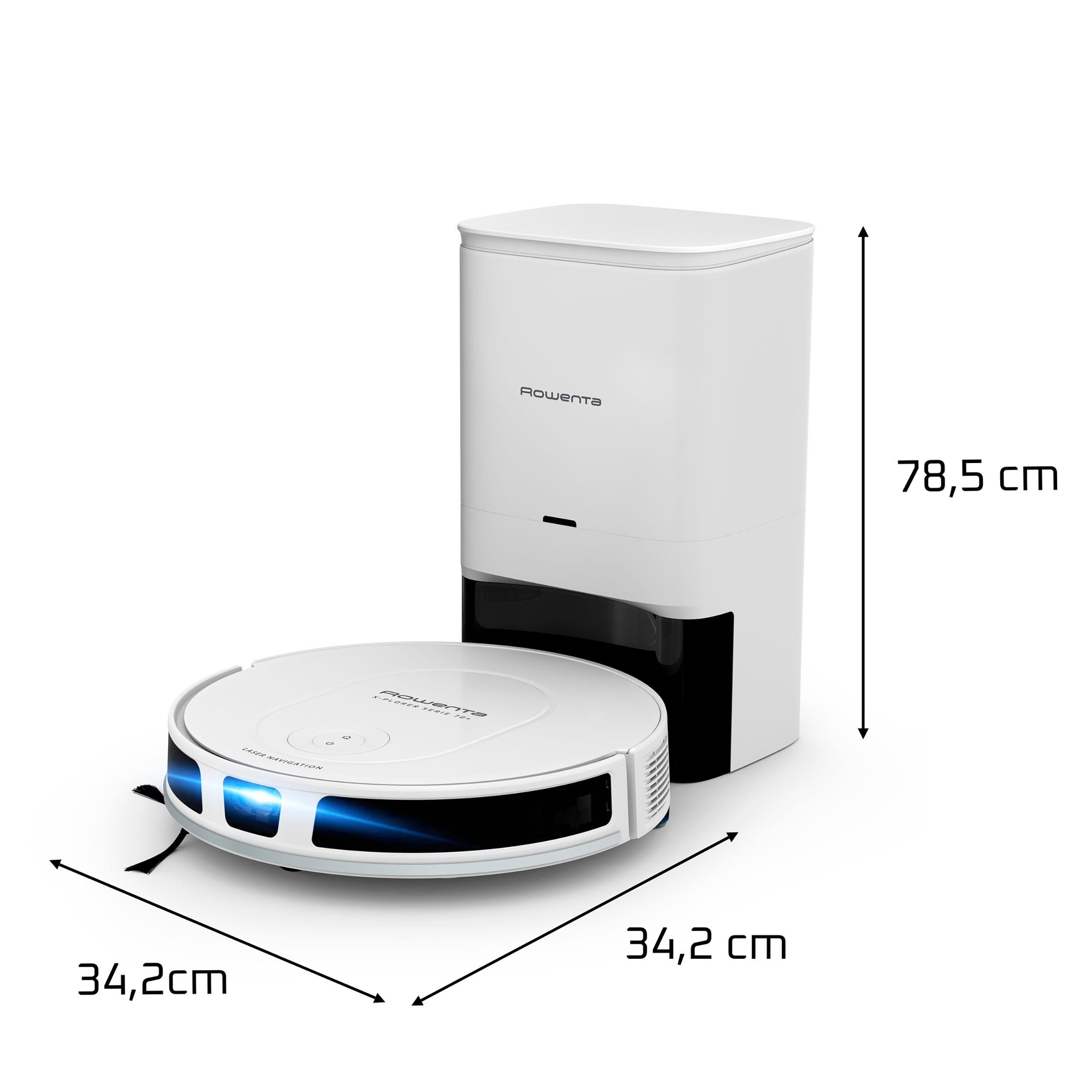 Weißer Rowenta-Roboterstaubsauger und Ladestation. Abmessungen sind angegeben. 78,5 cm hoch, 34,2 cm breit.