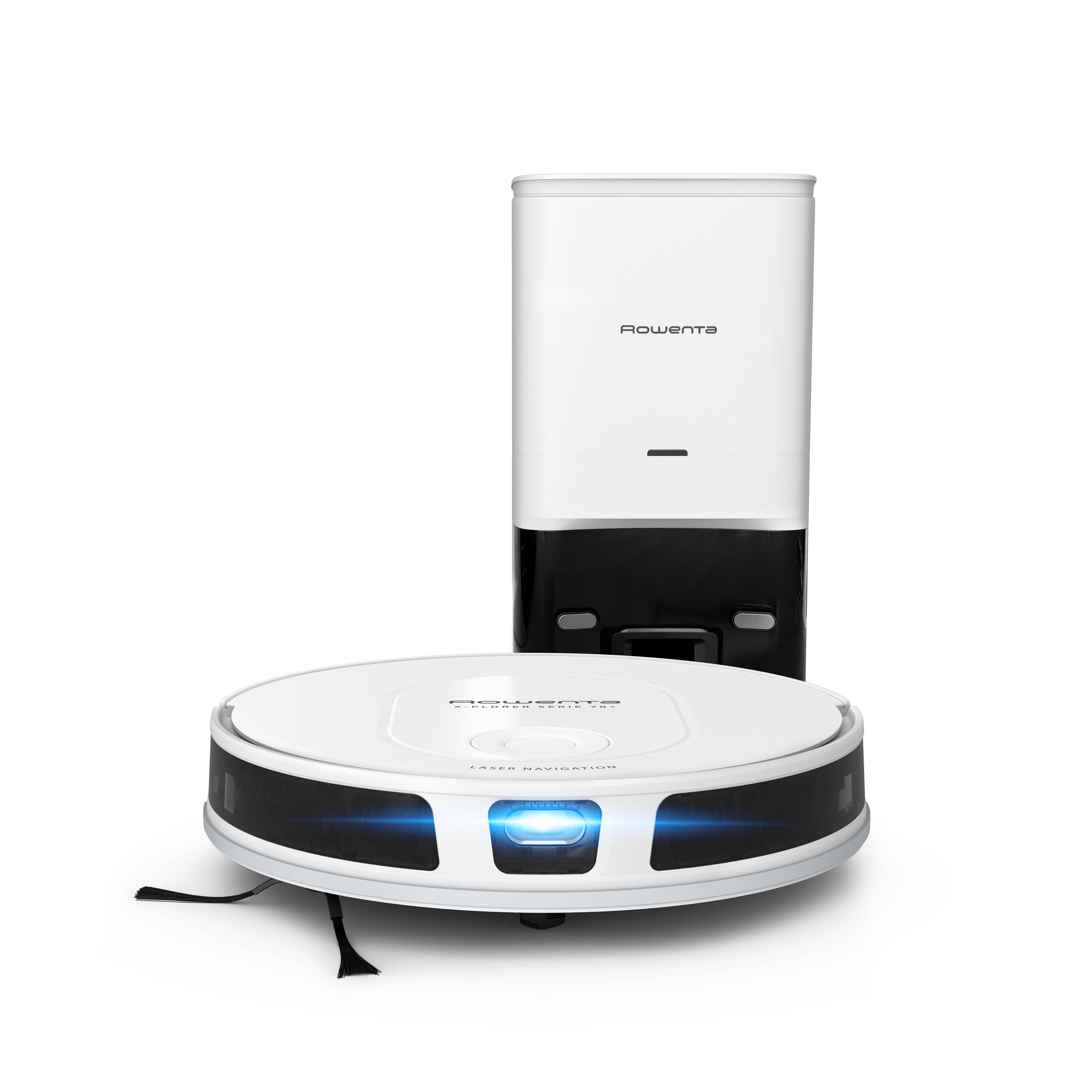 Weißer Roboter-Staubsauger und Ladestation.