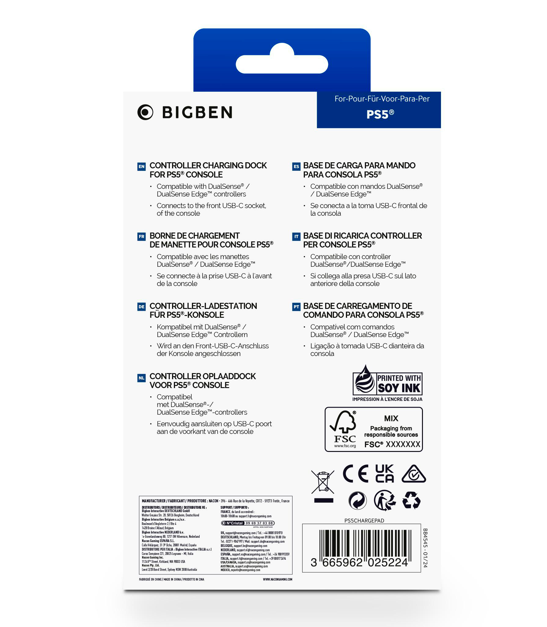 Bigben PS5 Controller-Ladestation-Box, mit Text in mehreren Sprachen.
