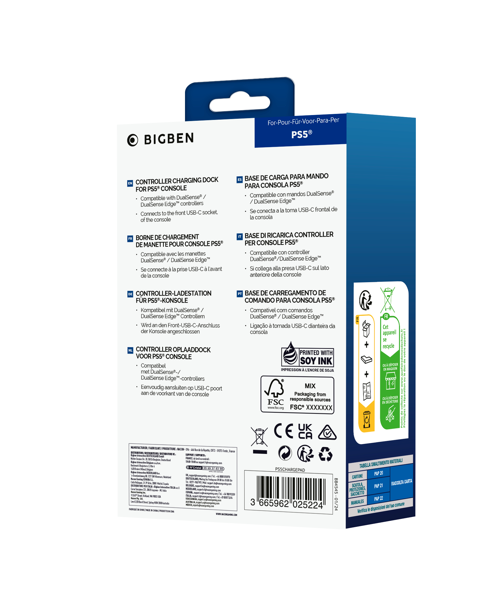 Eine Produktverpackung, die eine Controller-Ladestation für eine PS5-Konsole detailliert beschreibt.