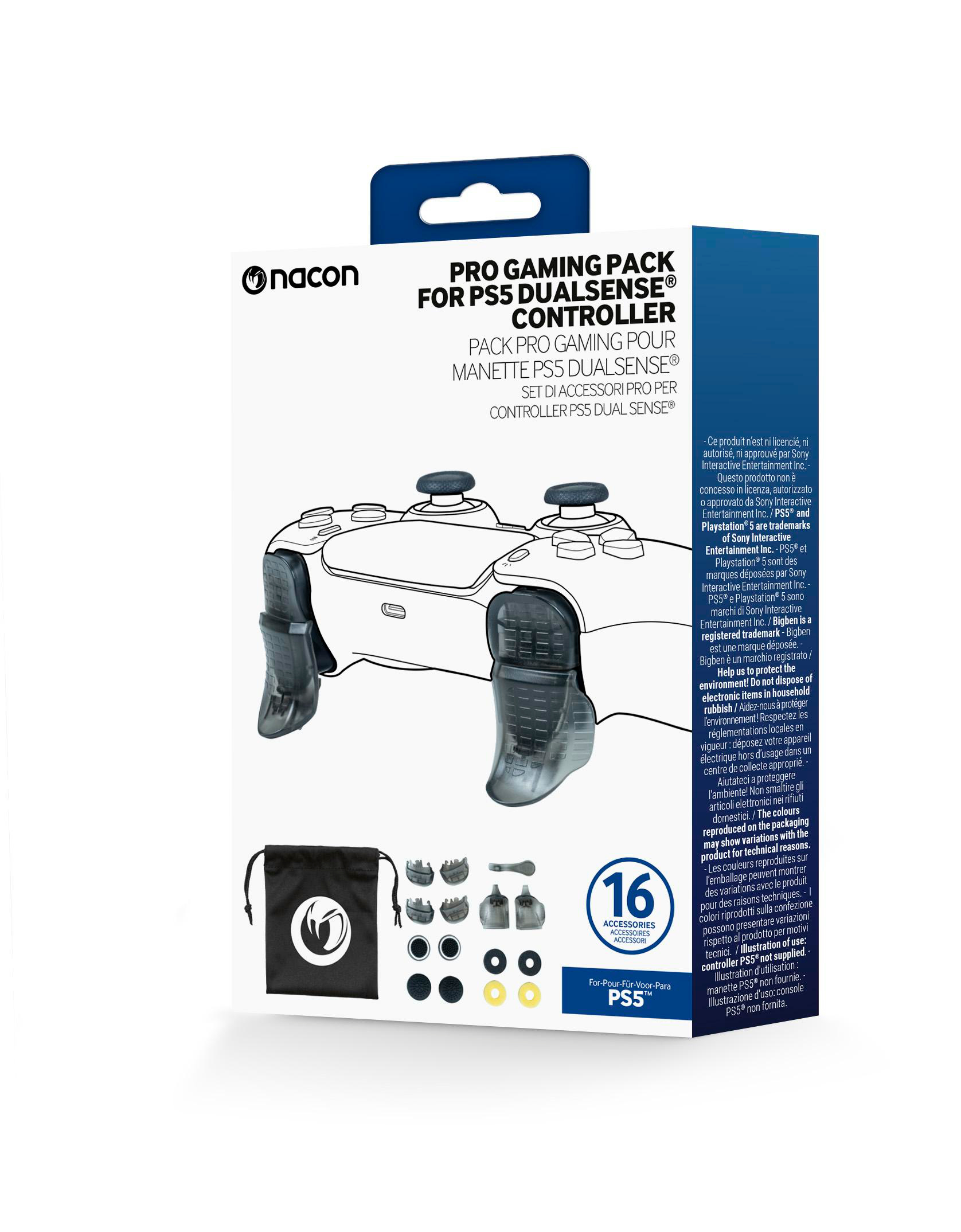 Eine Box für einen PS5-Controller mit Controller und Zubehör. Die Box ist weiß und blau.