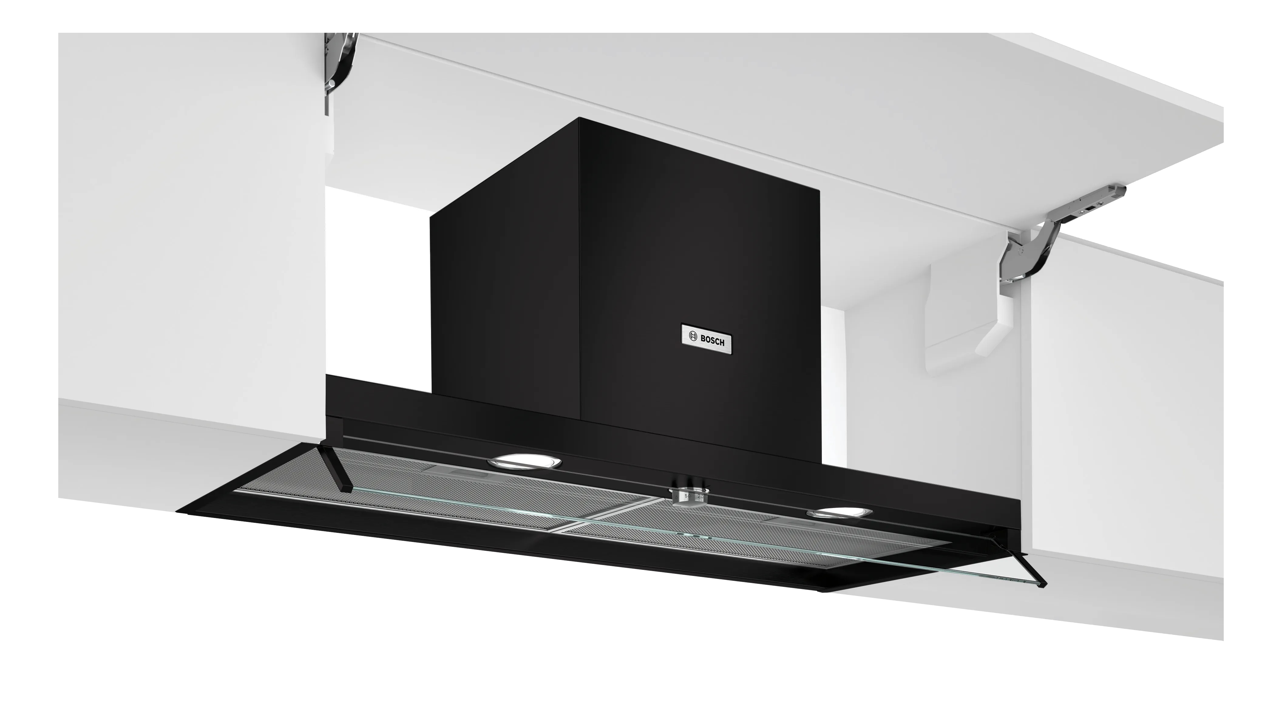 Hotte de cuisine noire. Filtres inox, deux lumières, logo Bosch.