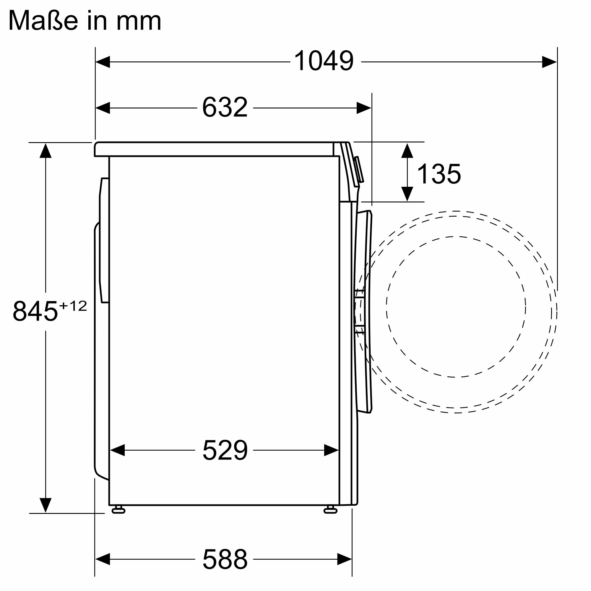 Un dessin technique montre les dimensions d'un lave-linge.