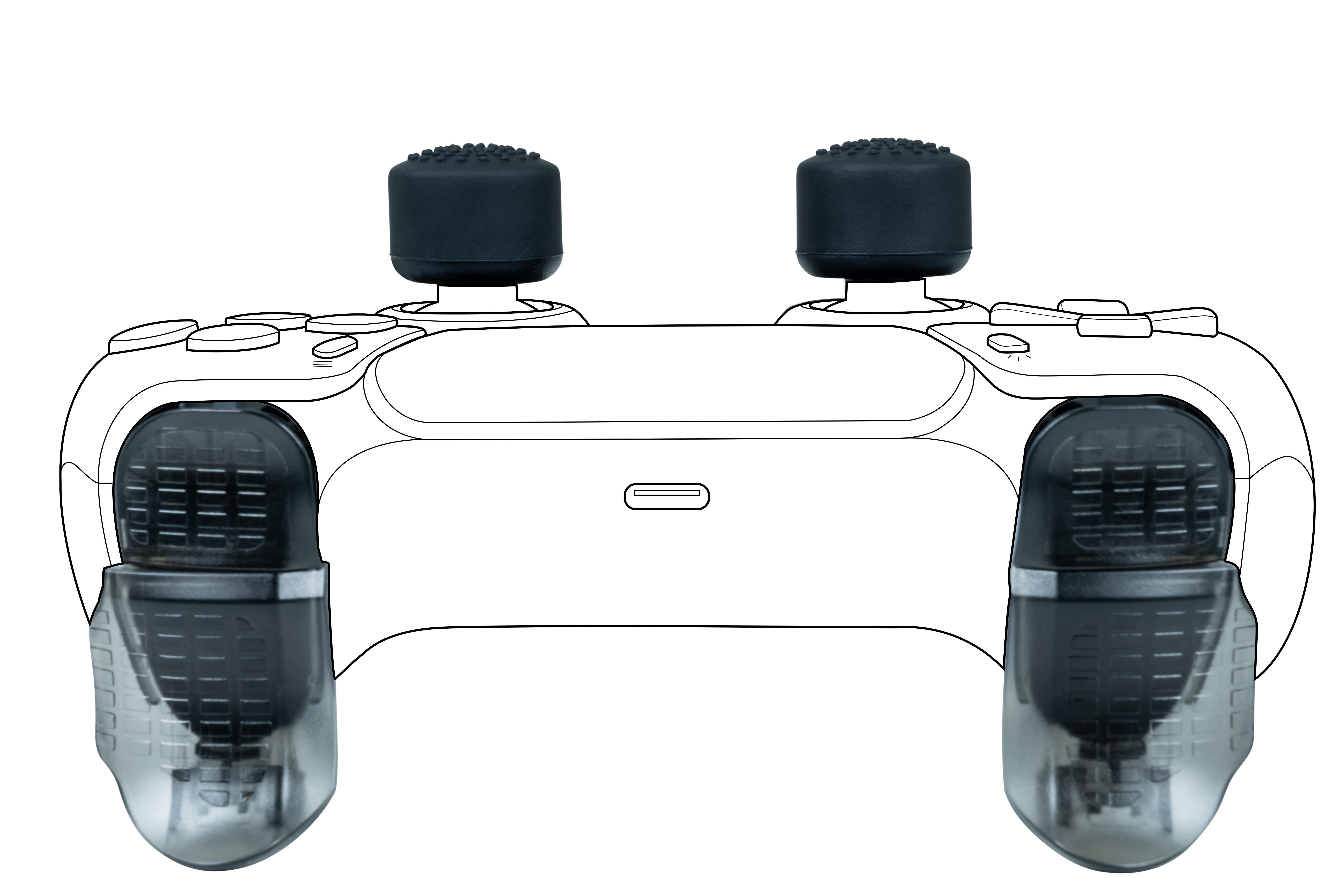 Schwarz-Weiß-Umriss eines Controllers mit zusätzlichen Griffen. Der Controller hat zwei Joysticks.
