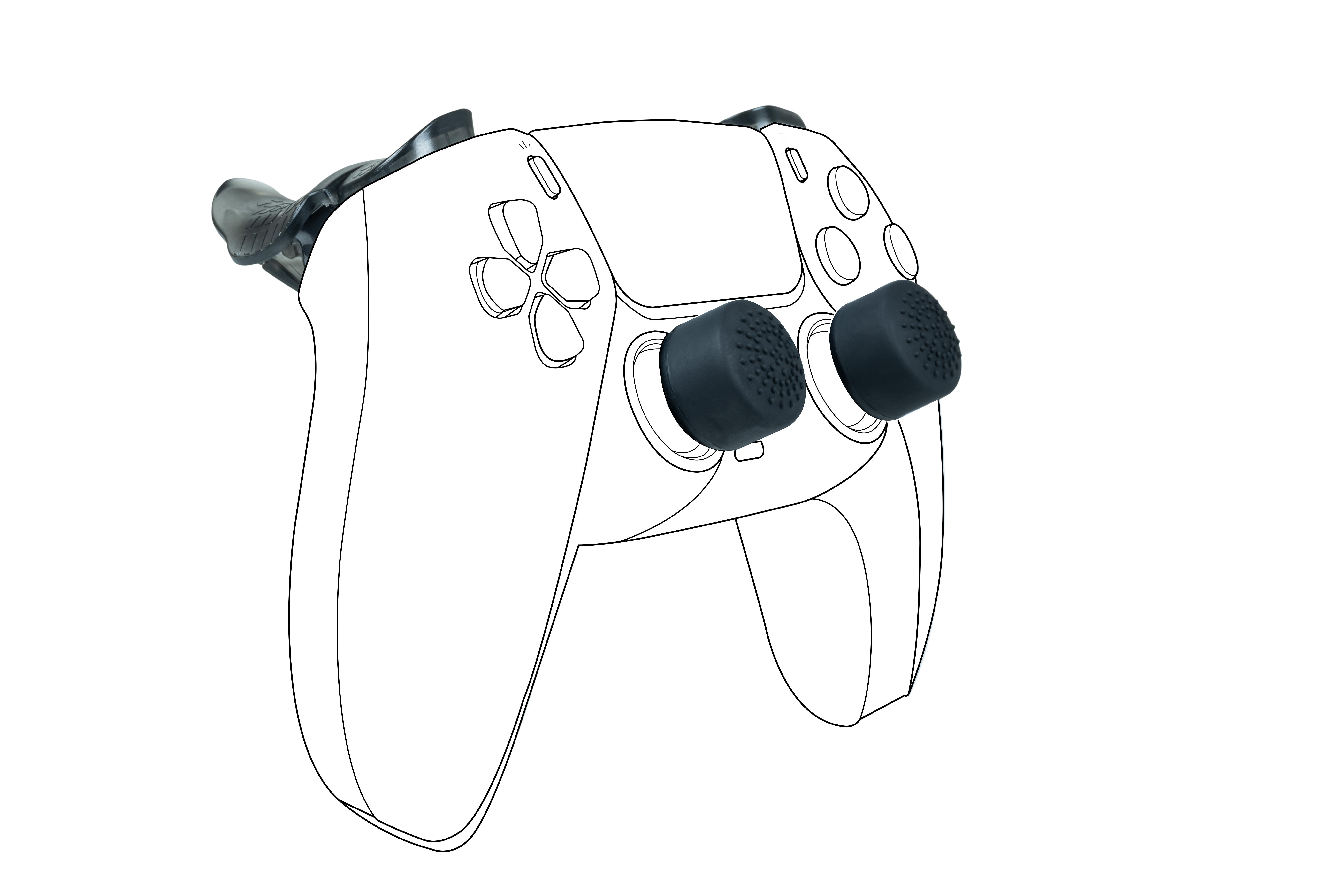 Strichzeichnung eines PlayStation 5-Controllers mit zusätzlichen Daumengriffen.