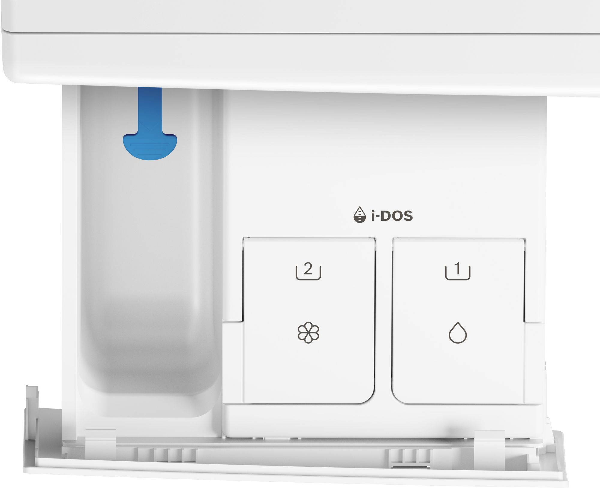 Gros plan sur le distributeur de détergent d'une machine à laver, montrant les compartiments.