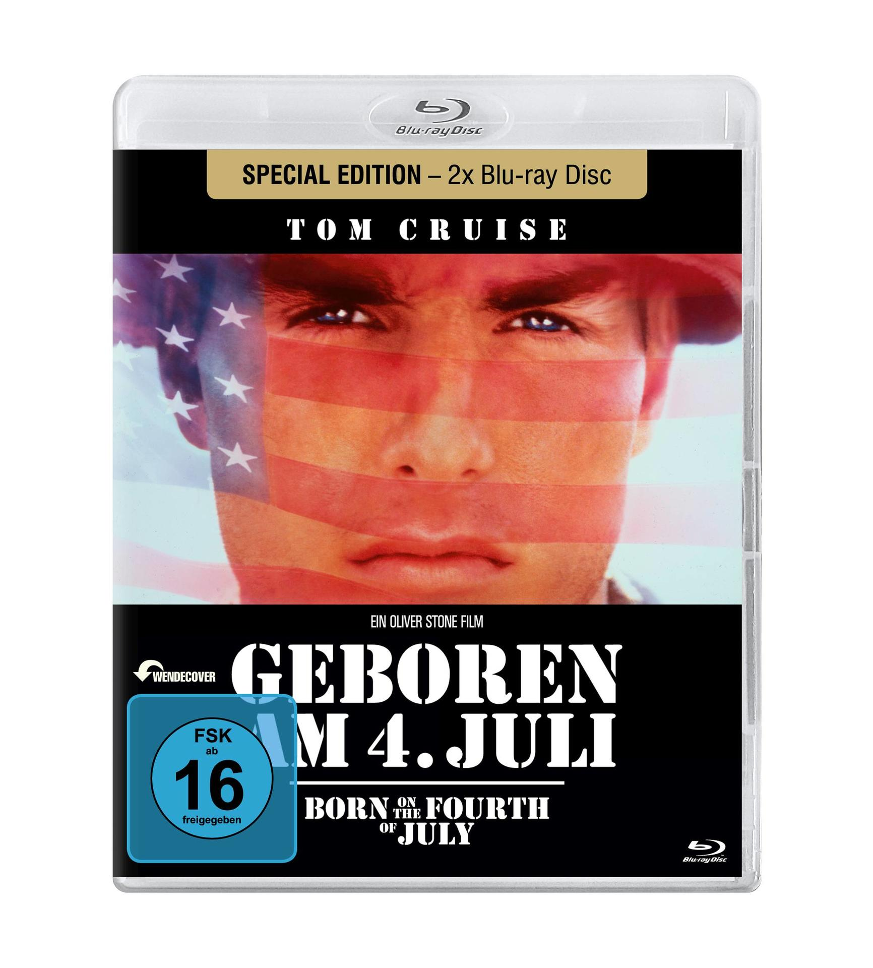 DVD-Cover des Films Geboren am 4. Juli, mit Tom Cruise und der amerikanischen Flagge.