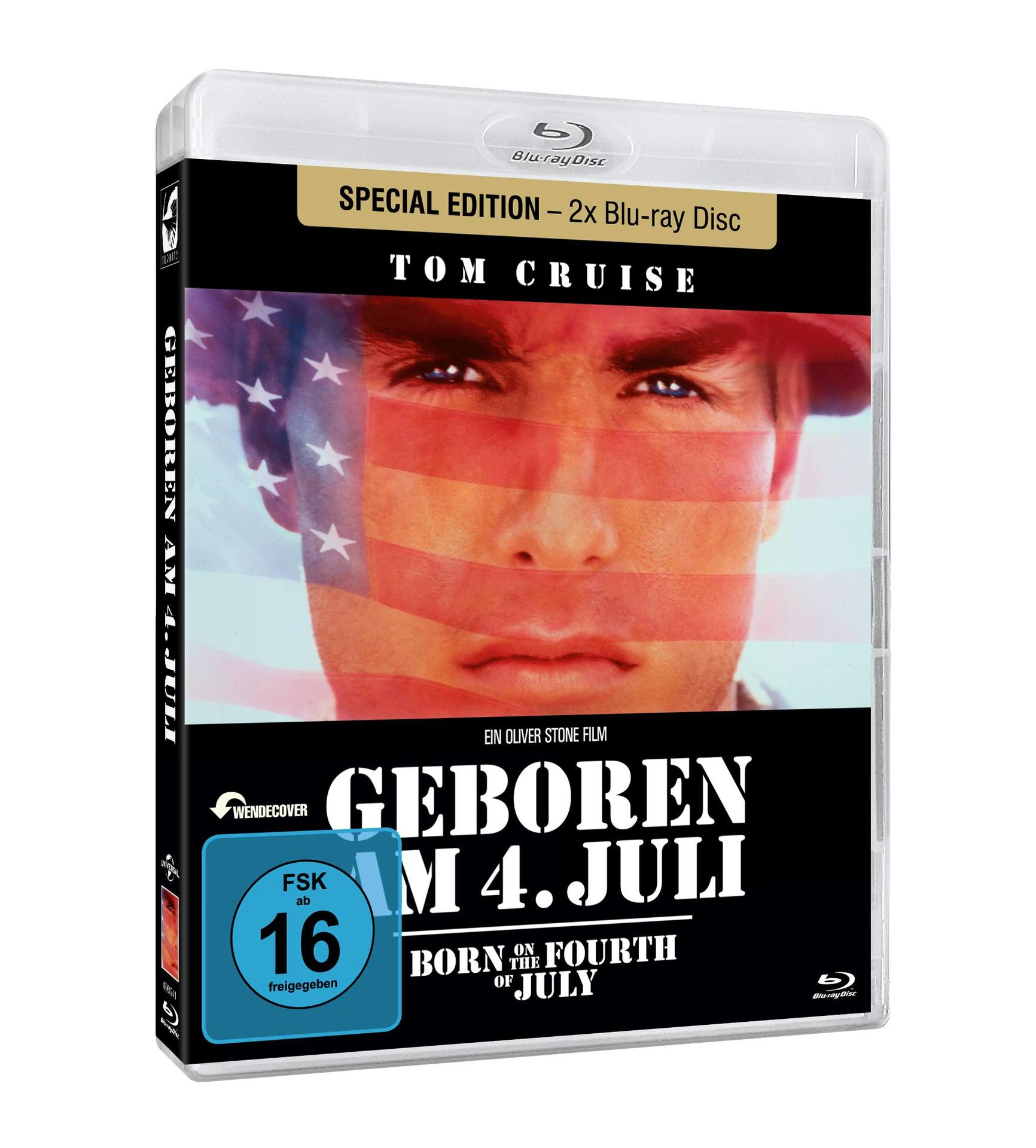 DVD-Hülle von 'Geboren am 4. Juli'. Tom Cruises Gesicht mit amerikanischer Flagge überlagert.