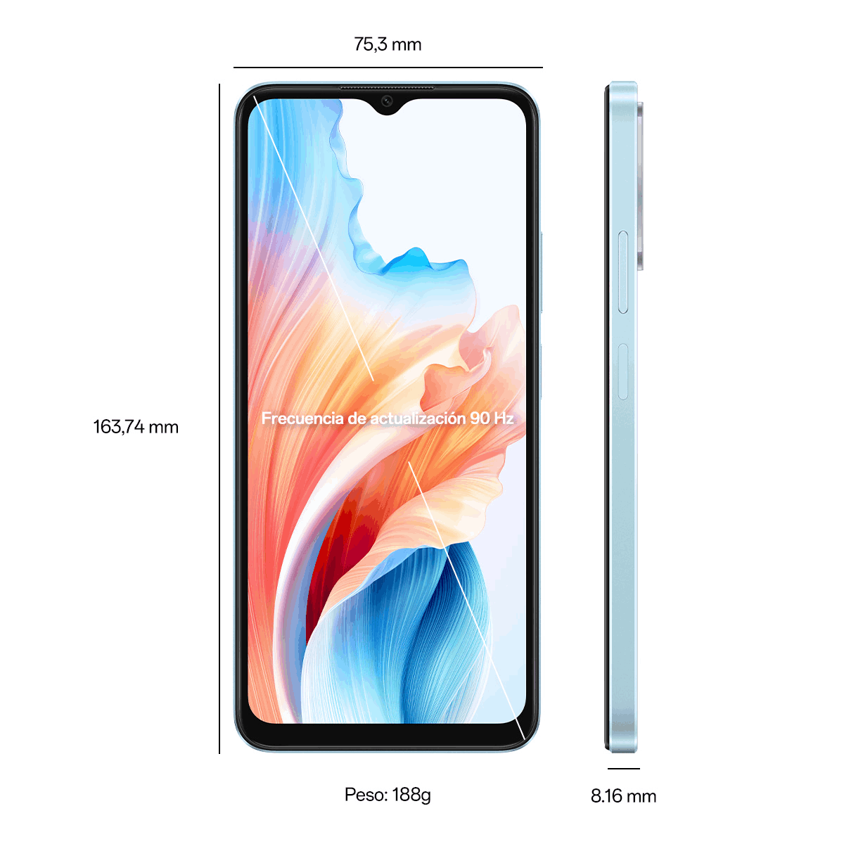 Un smartphone azul claro con dimensiones y características clave mostradas en la pantalla.
