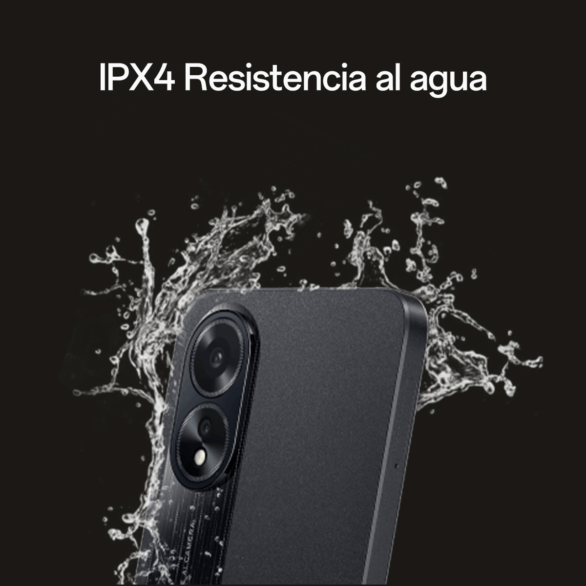 Teléfono negro con gotas de agua, texto 'IPX4 Resistencia al agua', fondo negro.