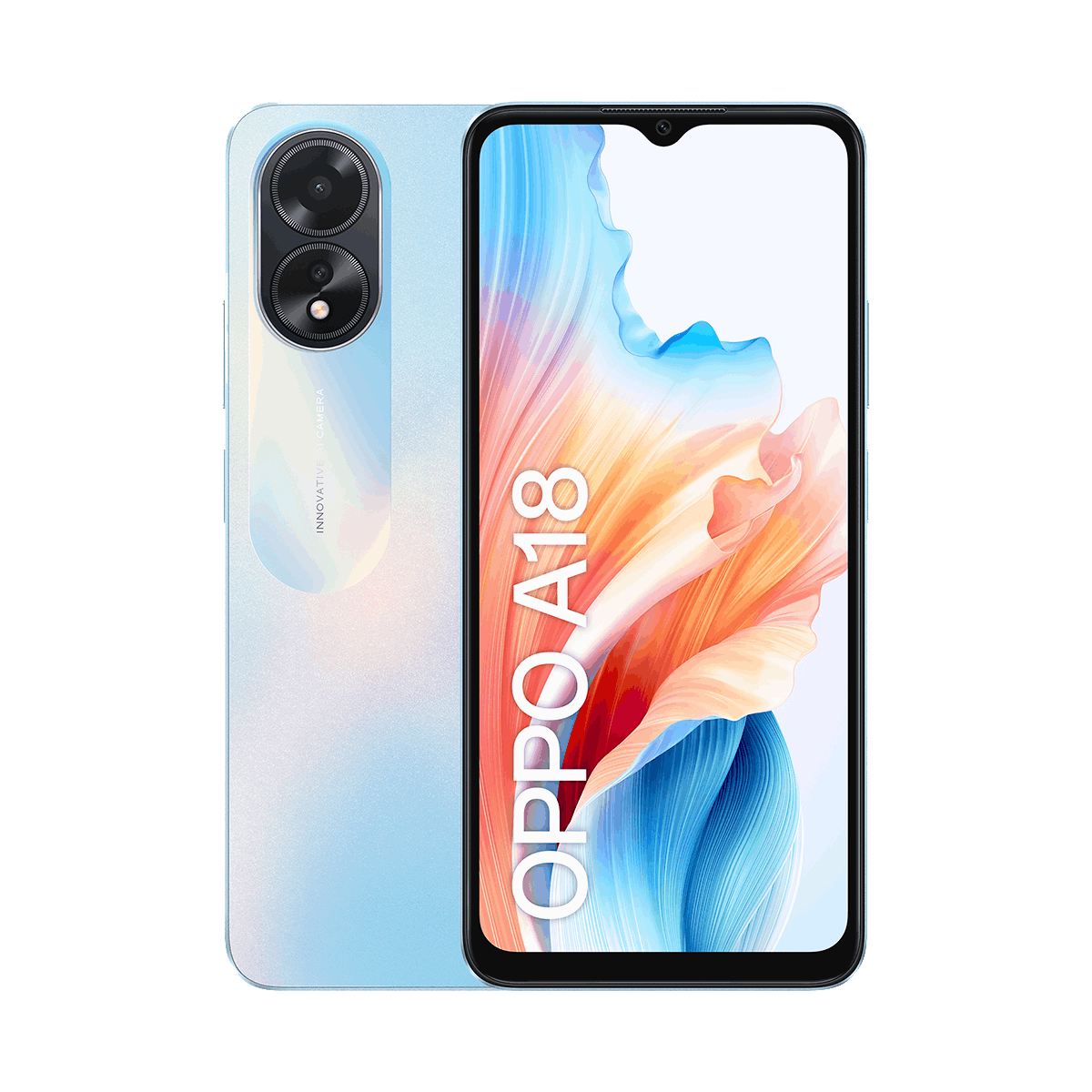 Un teléfono inteligente Oppo A18 azul con parte trasera blanca. La pantalla muestra una imagen abstracta colorida.