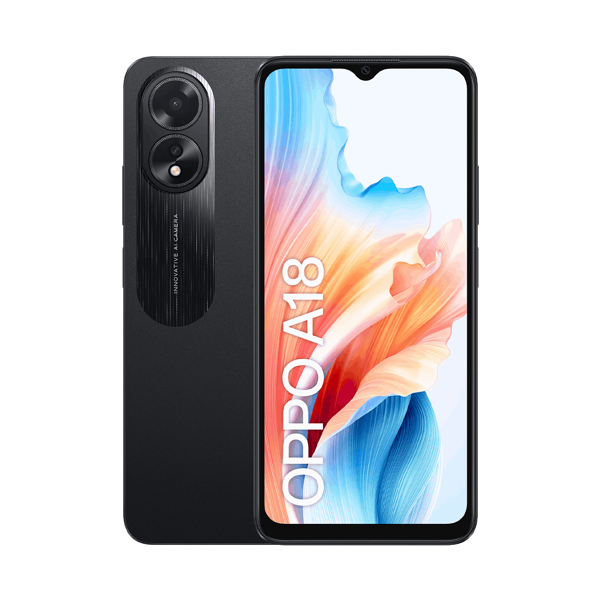 Smartphone Oppo A18 negro, mostrando la pantalla y la parte trasera con cámaras duales.