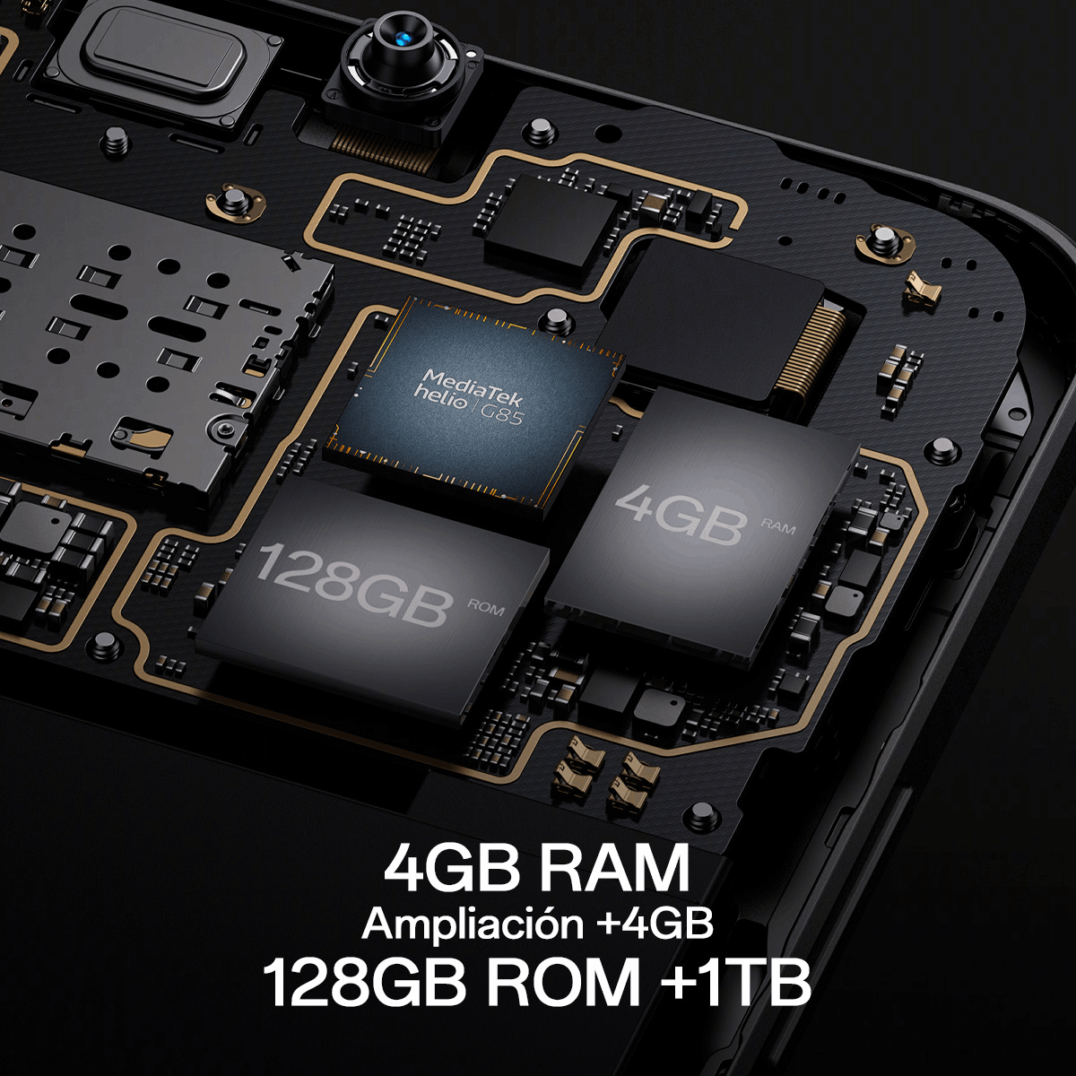 Una vista explosionada del interior de un teléfono, que muestra el chipset, la RAM y los componentes ROM.