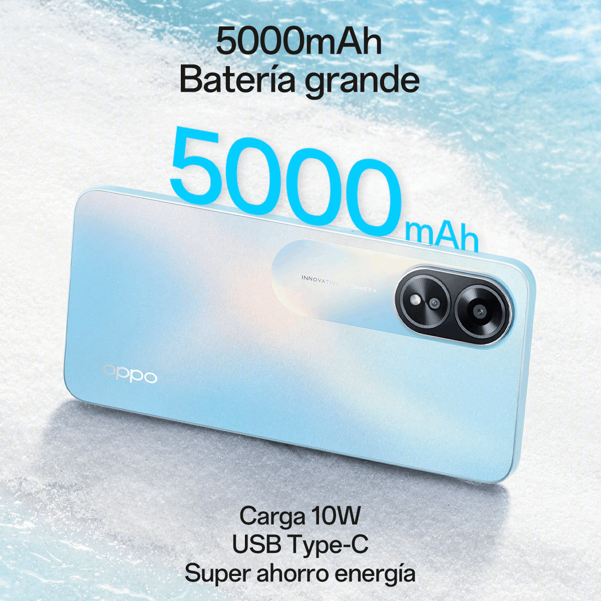Smartphone azul claro con texto que indica la capacidad de la batería y las funciones de carga rápida.