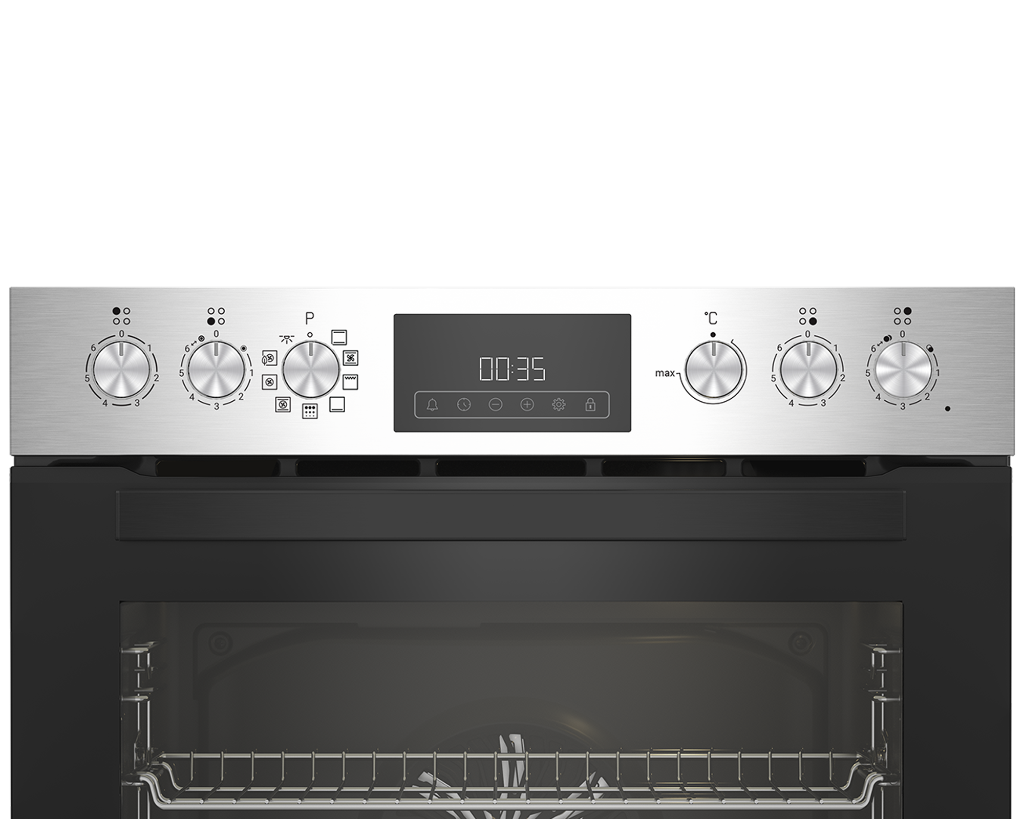 Backofen-Bedienfeld mit Drehknöpfen, Digitalanzeige und darunter sichtbarem Innenraum.