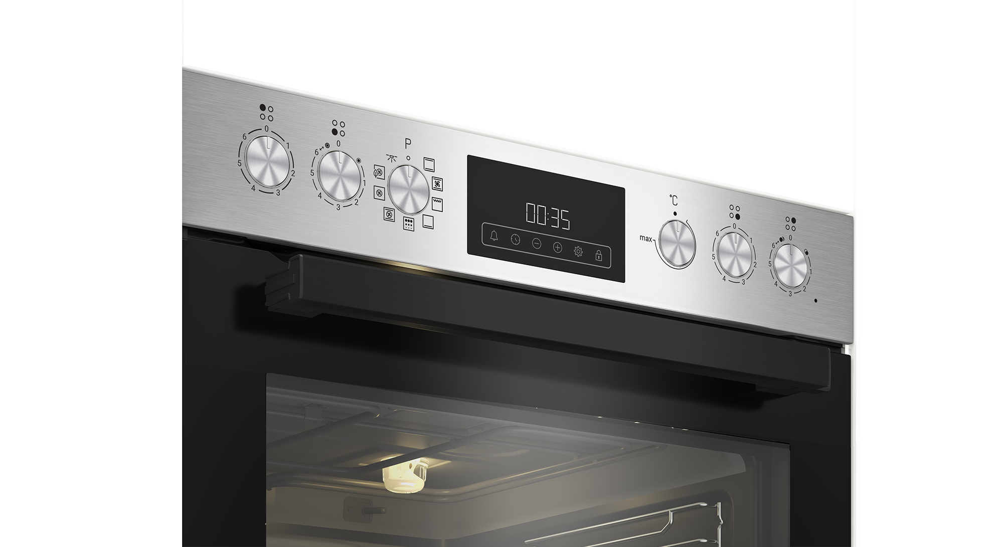 Backofen-Bedienfeld mit Knöpfen, Digitalanzeige und Edelstahl-Finish.