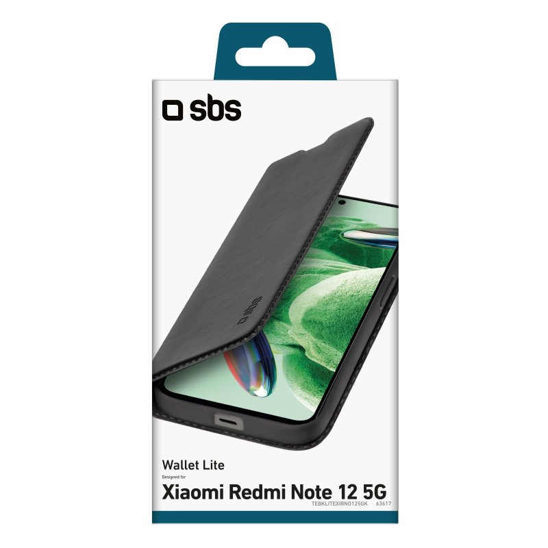 Schwarze Handyhülle für Xiaomi Redmi Note 12 5G, geöffnet, um das Telefon zu zeigen.