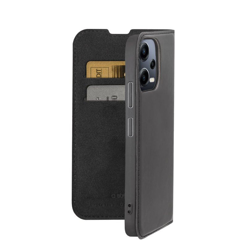 Dunkelgraue Handyhülle, geöffnet mit Kreditkartenfächern. Telefon rechts.