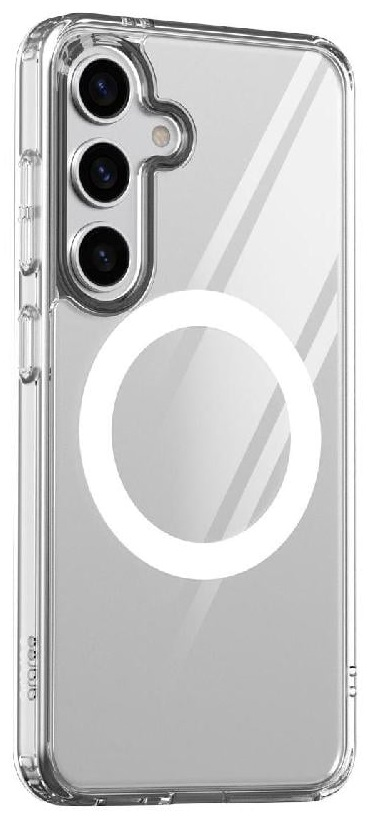 Przezroczyste etui na telefon z białym, okrągłym pierścieniem MagSafe. Telefon z trzema tylnymi aparatami.