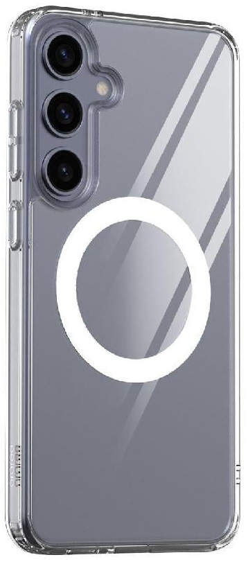 Przezroczyste etui na telefon z białym okręgiem i obiektywami aparatu.