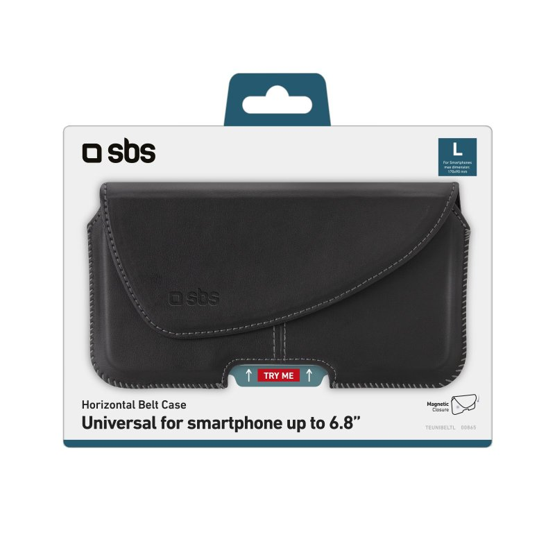 Eine schwarze horizontale Gürteltasche für Smartphones, mit einem Try-Me-Aufkleber und einem Magnetverschluss-Etikett.