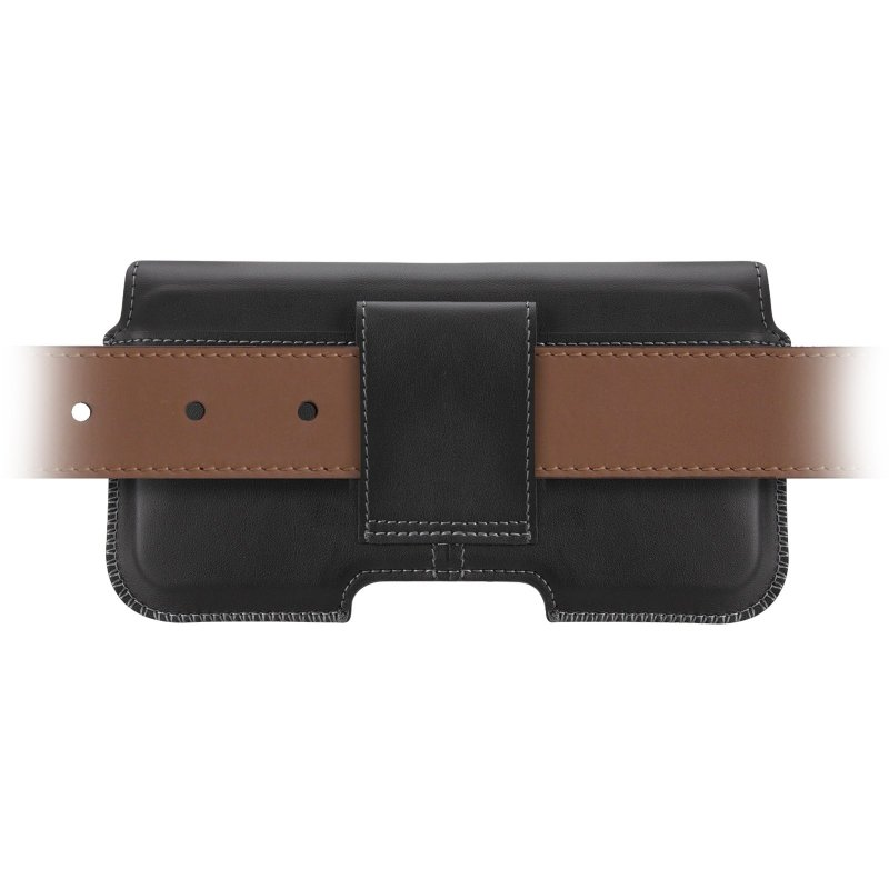 Schwarze Handytasche mit brauner Gürtelschlaufe. Weiße Nähte um die Kanten.