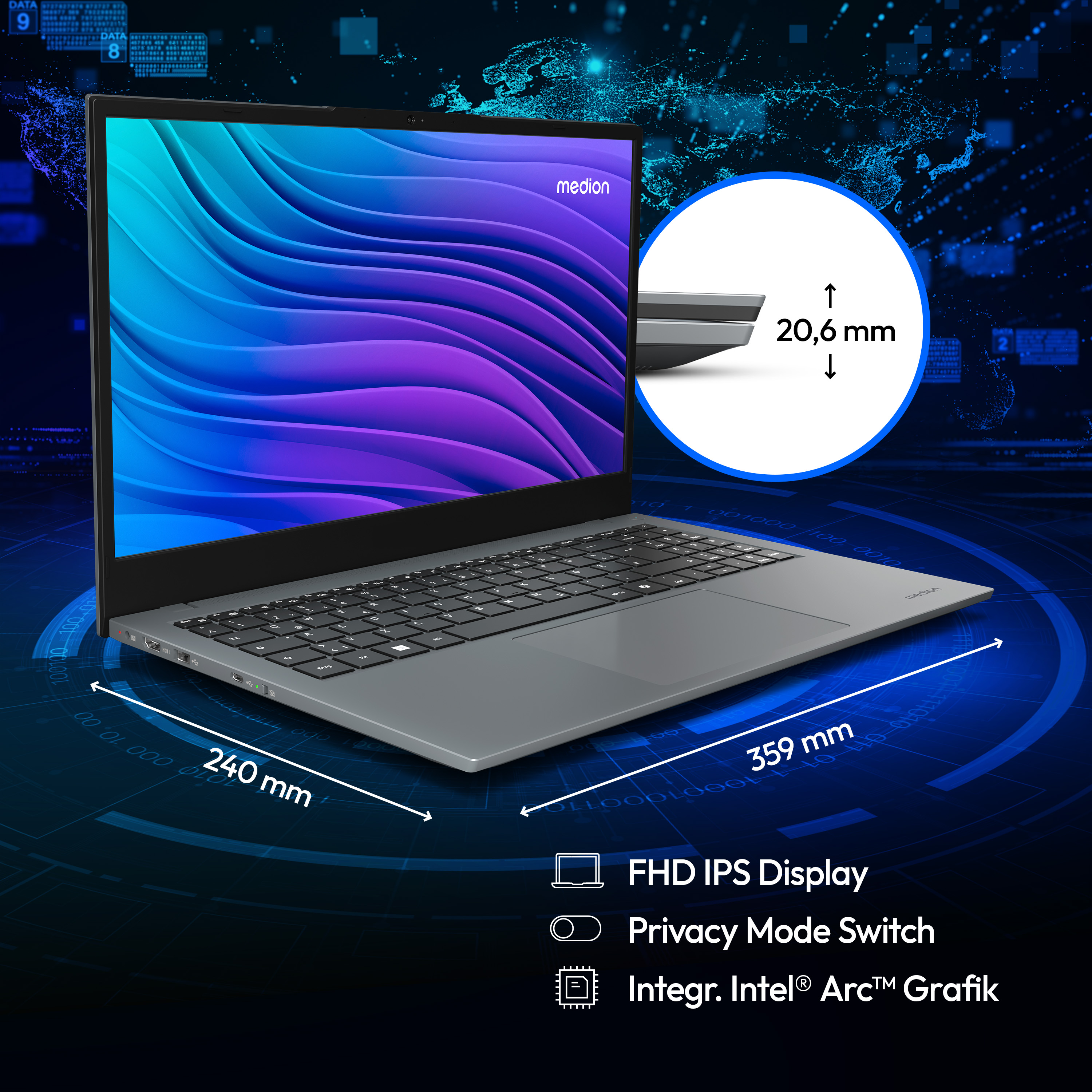 Ein Laptop auf blauem Digitalhintergrund. Es zeigt Abmessungen und Funktionen auf dem Bildschirm.