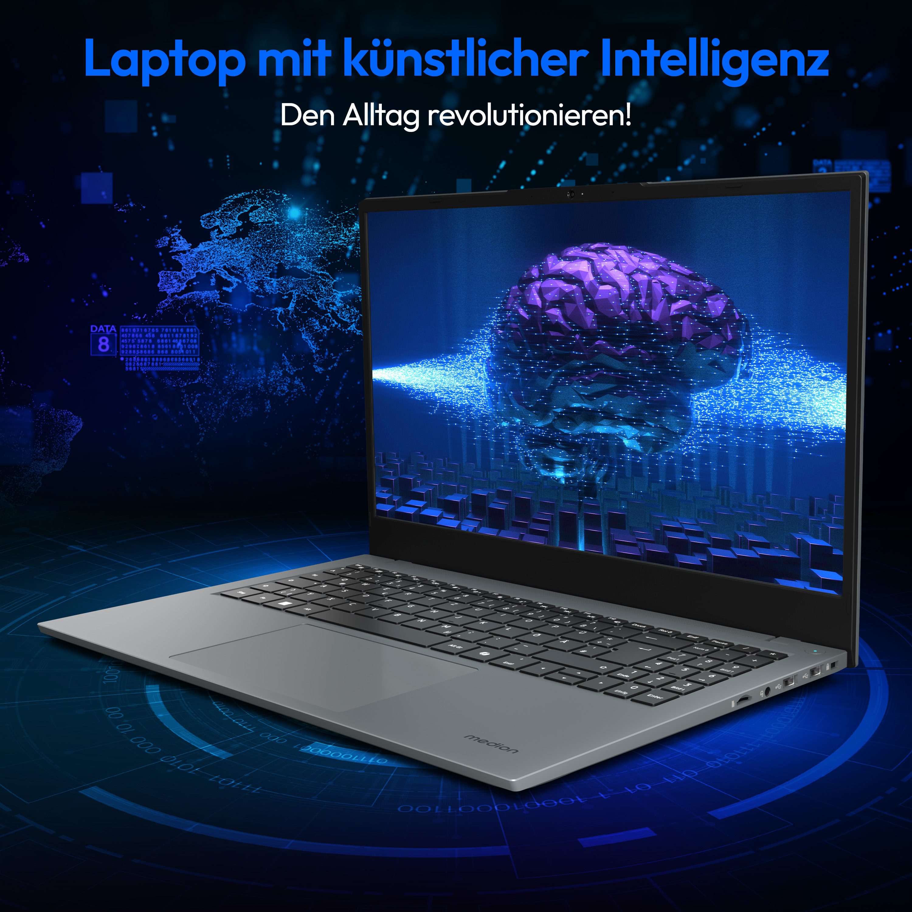 Laptop mit Text über künstliche Intelligenz, der eine Gehirngrafik anzeigt.