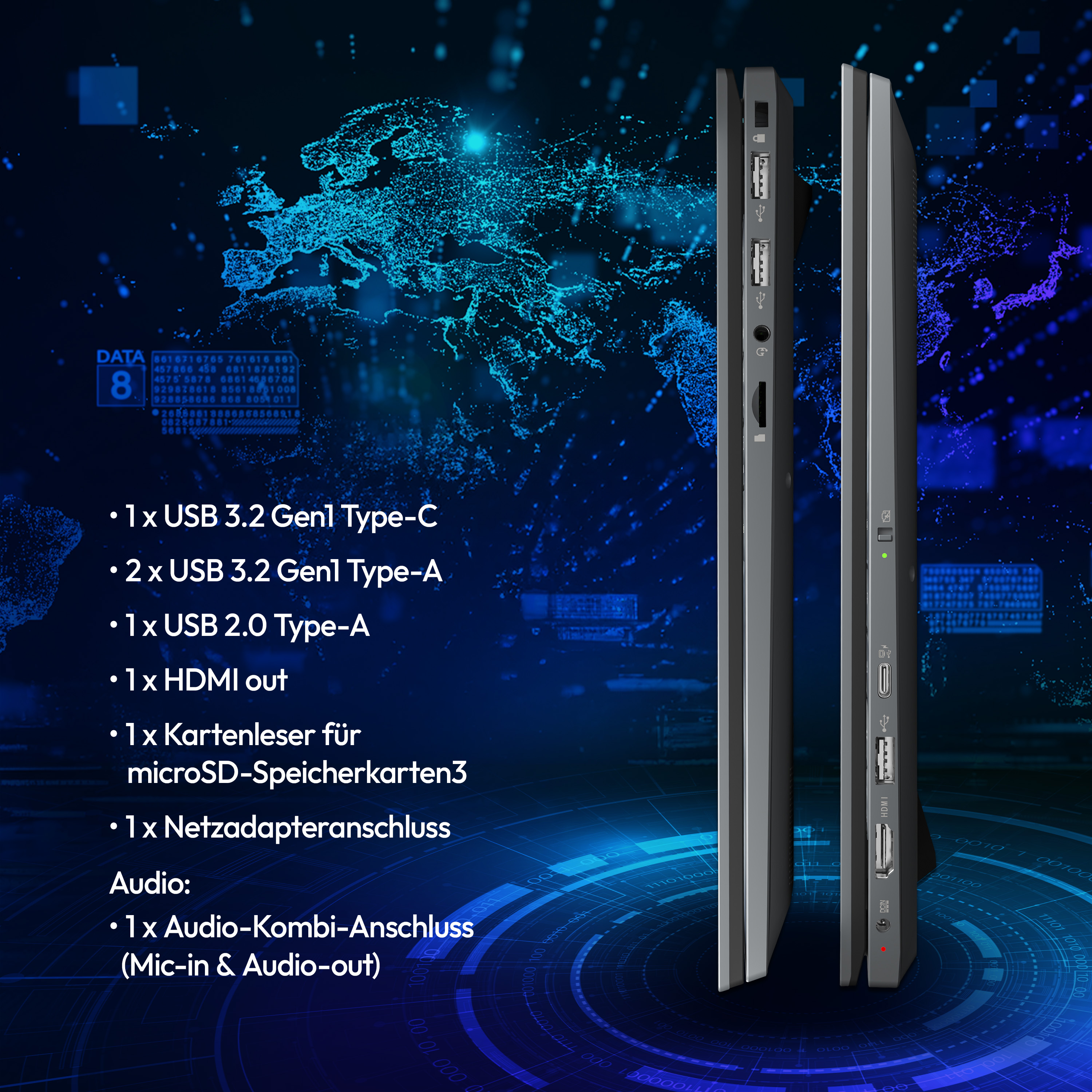Laptop-Profil mit Anschlüssen. Anschlüsse sind USB, HDMI und Audio. Im Hintergrund eine Weltkarte.