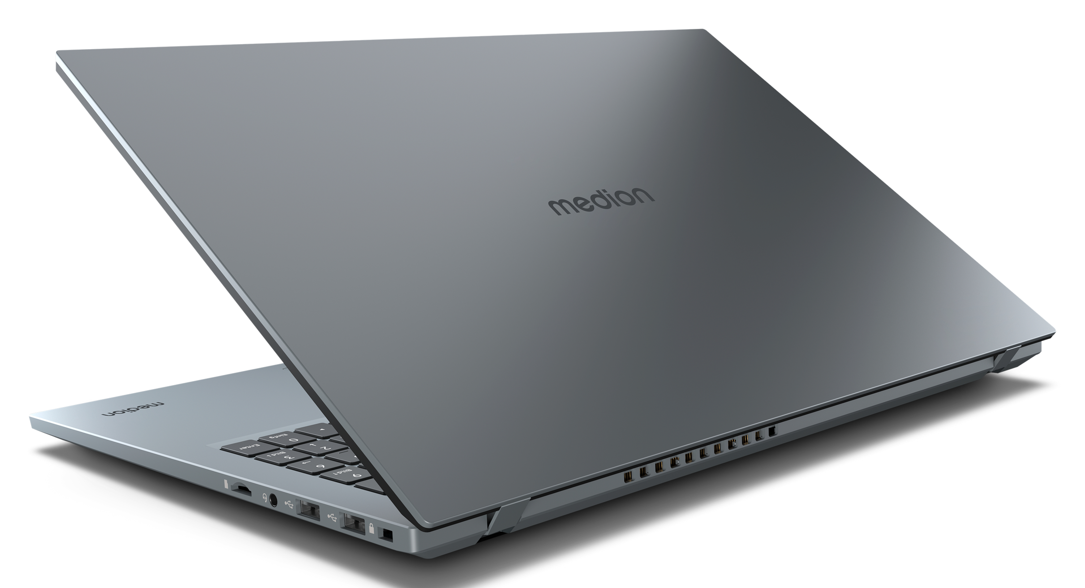 Silberner Laptop mit dem Medion-Logo auf weißem Hintergrund.