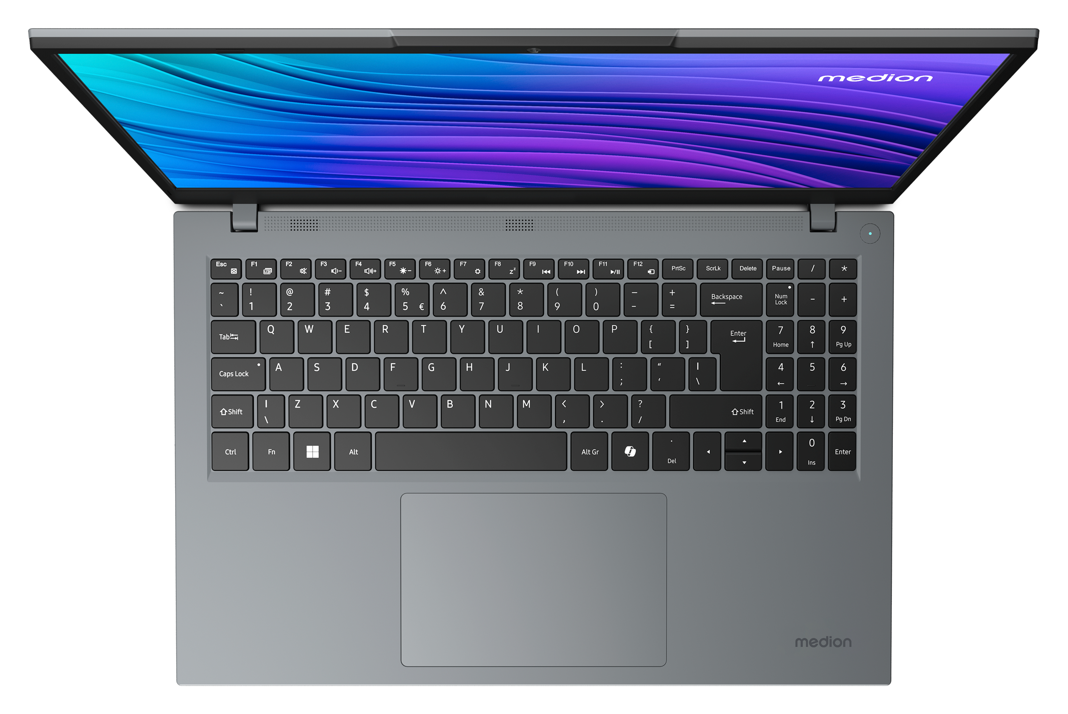 Geöffneter Laptop mit lebendigem Bildschirm und Tastatur.
